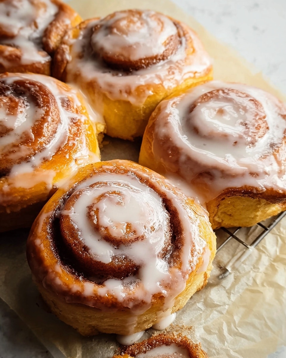 The image shows five freshly baked cinnamon rolls arranged closely together on parchment paper. Each roll has a golden-brown base layer with a soft, fluffy texture, topped with a tight spiral of dark brown cinnamon sugar filling. A thick, glossy layer of white icing is spread over the top, melting slightly and dripping down the sides, adding a shiny and sweet finish. The rolls sit on a wire rack, placed on a white marbled texture background. photo taken with an iphone --ar 4:5 --v 7