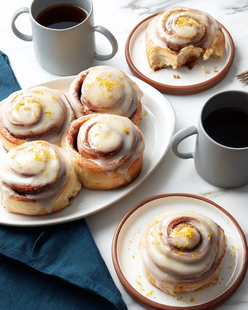 The image shows four cinnamon rolls on a white oval plate, each with a shiny, brown spiral base layer covered by a smooth, creamy white icing layer that drips slightly down the sides. The rolls are sprinkled with fine yellow powder. Nearby, there are two white plates with brown rims, each holding a single cinnamon roll with the same glossy icing and yellow sprinkle; one of these rolls is partially eaten, showing its soft, fluffy interior. Two light gray mugs filled with dark tea sit beside the plates, all set on a white marbled surface. A dark blue cloth is folded to the side. Photo taken with an iphone --ar 4:5 --v 7