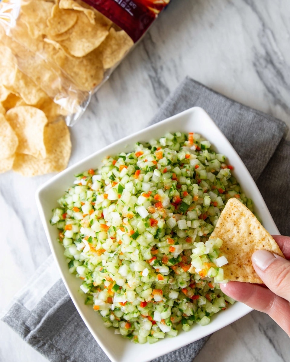 A white square bowl filled with finely chopped green cucumber, white onion, and small orange-red bits of bell pepper mixed evenly, giving a fresh and colorful look with a slightly coarse texture. Near the bowl, a woman's hand holds a triangular, light golden-brown chip speckled with darker spots, topped with some of the chopped vegetable mix. In the background, there is a partially visible open chip bag with many more chips inside. The entire scene is set on a white marbled surface with a gray cloth underneath the bowl. photo taken with an iphone --ar 4:5 --v 7