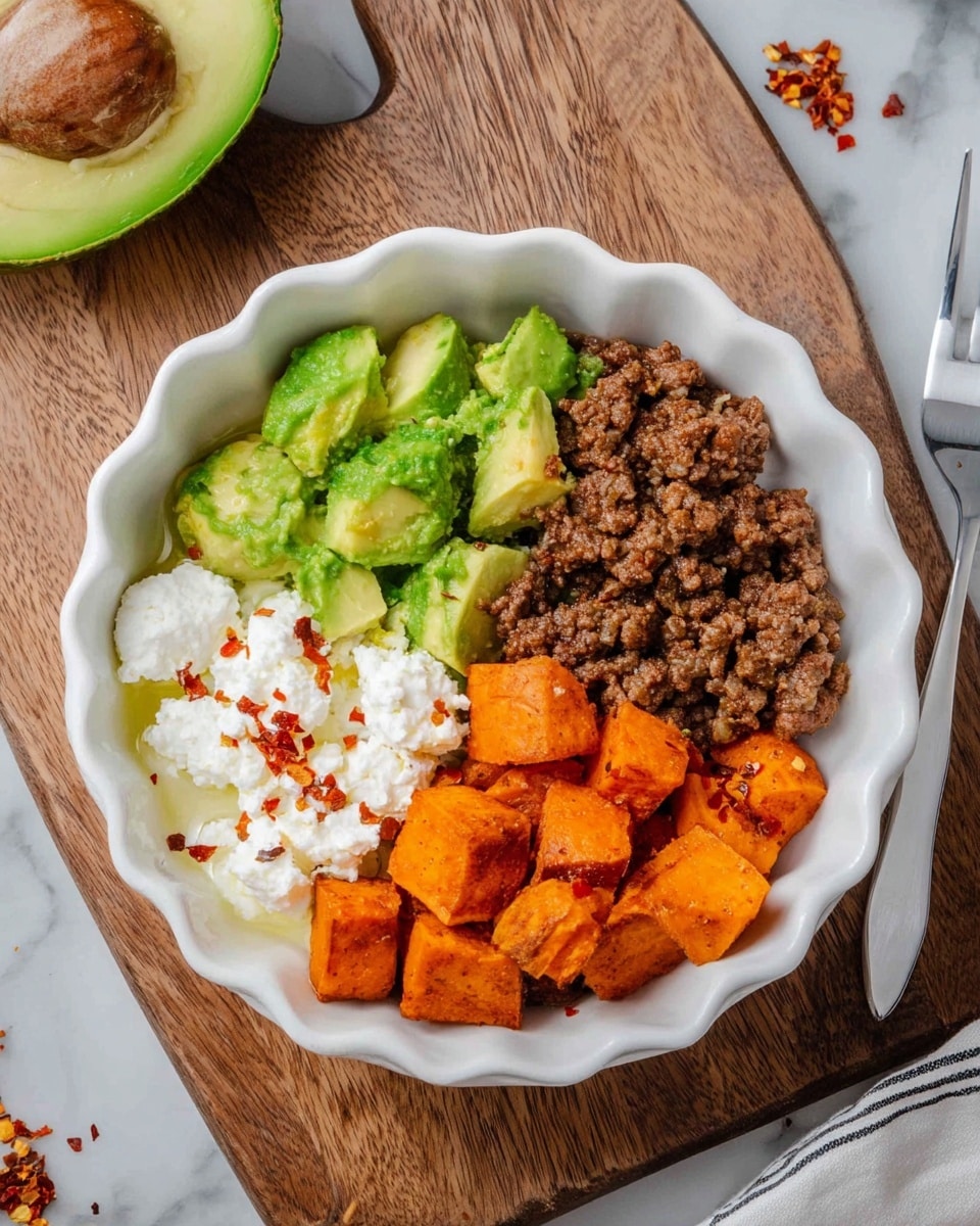A white scalloped bowl contains four distinct sections of food arranged side by side: bright green, chunky avocado pieces on the top left, creamy white cottage cheese sprinkled with red chili flakes on the top right, brown seasoned ground beef filling the bottom left, and vibrant orange roasted sweet potato cubes on the bottom right. The bowl is placed on a wooden board atop a white marbled surface with an avocado half and scattered chili flakes visible around it. photo taken with an iphone --ar 4:5 --v 7