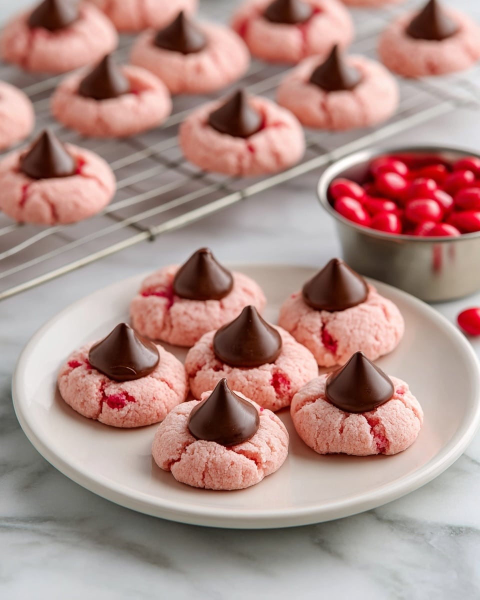 The image shows a white plate with seven pink cookies arranged neatly in two rows, each cookie topped with a single dark brown chocolate kiss in the center. The cookies have a cracked, soft texture, showing bits of red inside, and are round and slightly thick. Behind the plate, there is a white marbled surface with a cooling rack holding more similar pink cookies with chocolate kisses. To the right, a small metallic cup filled with shiny red candies is visible. The scene is bright and clear, highlighting the soft texture of the cookies and the smooth, glossy finish of the chocolate and candies. photo taken with an iphone --ar 4:5 --v 7
