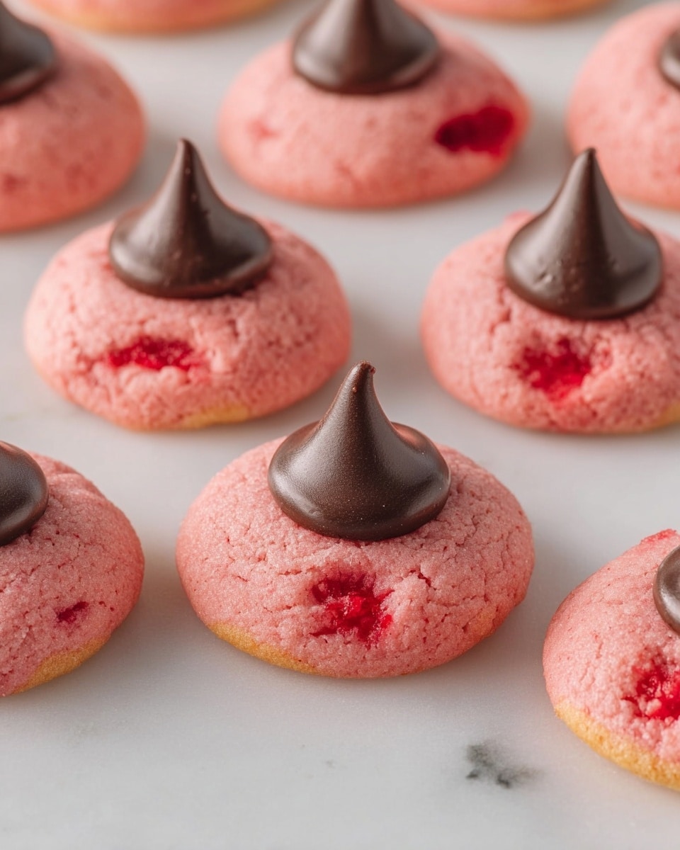 The image shows several round pink cookies with a smooth texture scattered over a white marbled surface. Each cookie has visible small red fruit pieces embedded within the pink dough base, which is slightly raised and soft in appearance. On top of each cookie, there is a dark chocolate dollop shaped like a small peak, centrally placed. The bottom edge of the cookies is slightly darker, showing a thin golden crust. The overall look is colorful with a contrast between the pink, red, and dark brown toppings, and the background is clean and bright, highlighting the cookies' colors. photo taken with an iphone --ar 4:5 --v 7