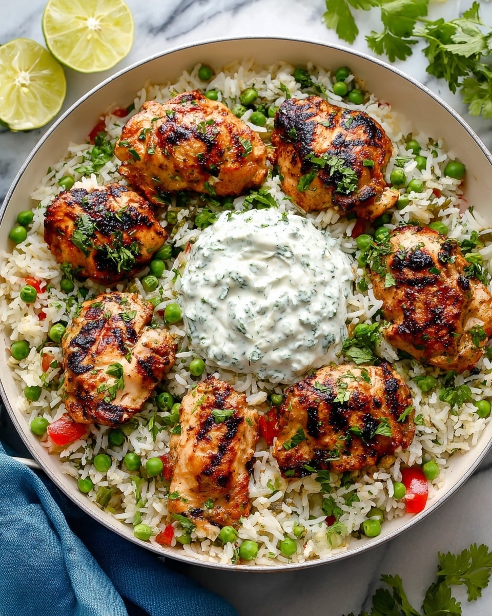The image shows a white pan filled with a base layer of white rice mixed with green peas and small bits of tomato. On top of the rice, there are seven grilled chicken pieces, each browned with charred grill marks and sprinkled with fresh green parsley leaves. In the center of the pan, there is a dollop of creamy white sauce speckled with herbs, giving it a textured look. The pan is placed on a white marbled surface with some lime slices and fresh parsley leaves visible in the background, alongside a blue cloth partially under the pan. photo taken with an iphone --ar 4:5 --v 7