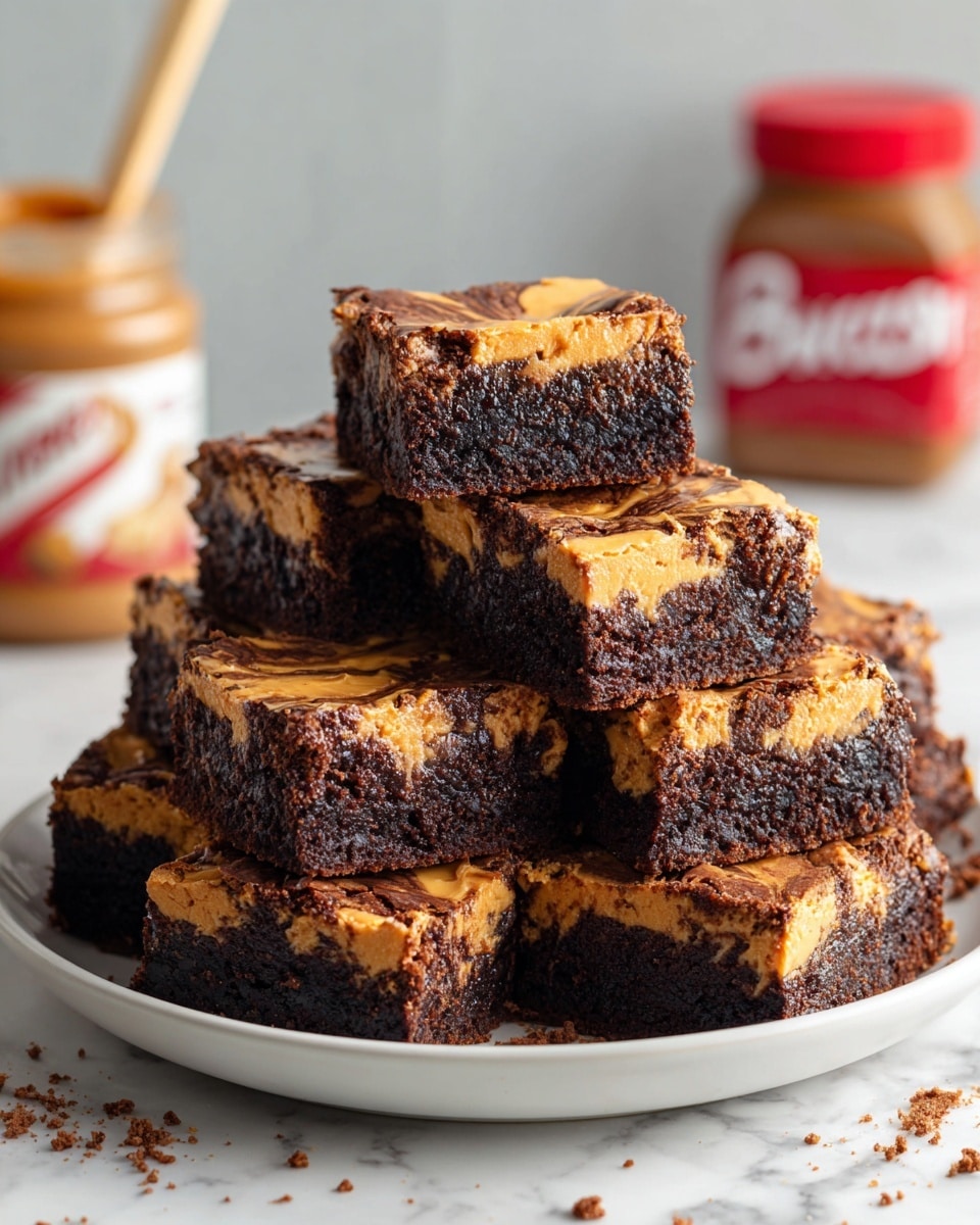 A white plate is stacked with nine thick square brownies arranged in a small pyramid. Each brownie has two main layers: a dark, moist chocolate base and a golden-brown swirl of creamy peanut butter on top, creating a marbled effect. The texture looks soft with a slight crumbly edge. The plate sits on a white marbled surface, with some crumbs scattered around. In the background, there is a slightly blurred jar of Biscoff spread and a red object, possibly a kitchen tool. Photo taken with an iphone --ar 4:5 --v 7