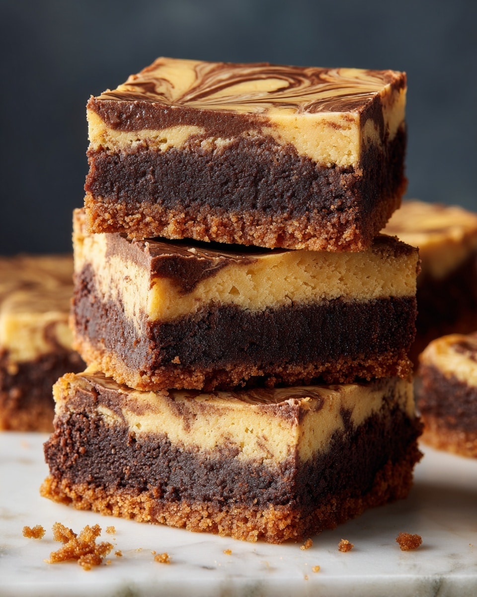 The image shows a stack of four dense, square-shaped dessert bars on a white marbled surface. Each bar has two layers: a thick, dark brown bottom layer with a fudgy texture, and a swirled golden-brown top layer with a smooth, slightly cracked surface, giving it a marbled effect. The edges are crumbly and slightly rough, with small crumbs scattered around the base. The background is blurred and dark, which makes the rich colors and textures of the bars stand out clearly. photo taken with an iphone --ar 4:5 --v 7