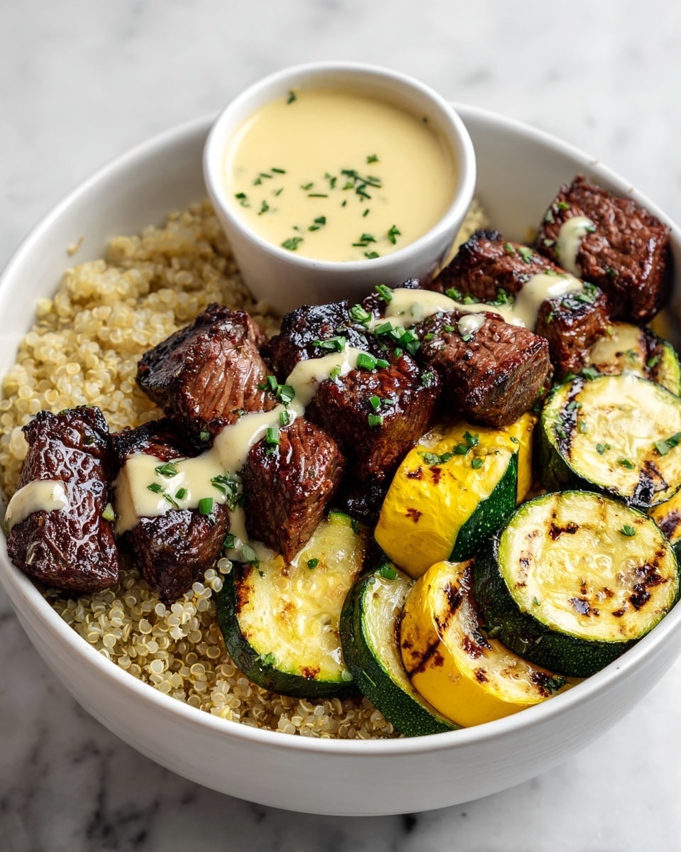 A white bowl filled with three main layers: the bottom layer is light beige quinoa grains with a fluffy texture, topped with several grilled zucchini slices, yellow with dark grill marks and a soft texture along the edges. On top of the zucchini lies a row of thick, juicy grilled steak pieces cut into cubes, dark brown with charred edges and a pink center. The steak is drizzled with a creamy light yellow sauce scattered with finely chopped green herbs. In the background inside the bowl, there is a small white cup holding extra sauce. The bowl is set on a white marbled surface. photo taken with an iphone --ar 4:5 --v 7