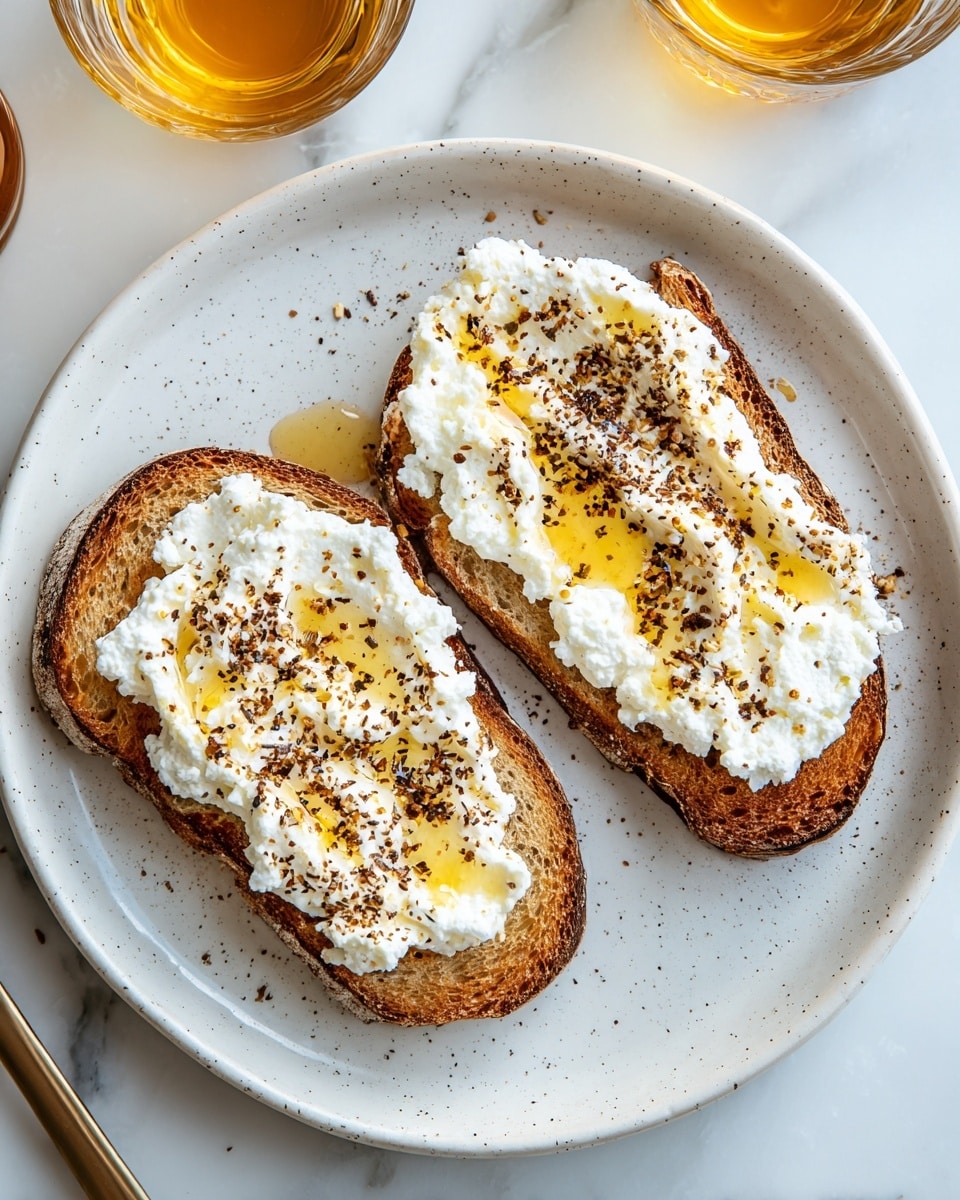 Two slices of toasted bread sit side by side on a white plate with a light speckled design, placed on a white marbled surface. Each slice is topped with a thick layer of creamy, white ricotta cheese, spread evenly but with some textured peaks and valleys. A golden honey drizzle pools slightly on top of the cheese and drips down its sides. Fine specks of dark brown spice are sprinkled over the cheese and honey, adding contrast and texture. At the edge of the scene, there are partially visible glass cups with golden liquid. The image is bright and clear, highlighting the textures of the toast and cheese. photo taken with an iphone --ar 4:5 --v 7