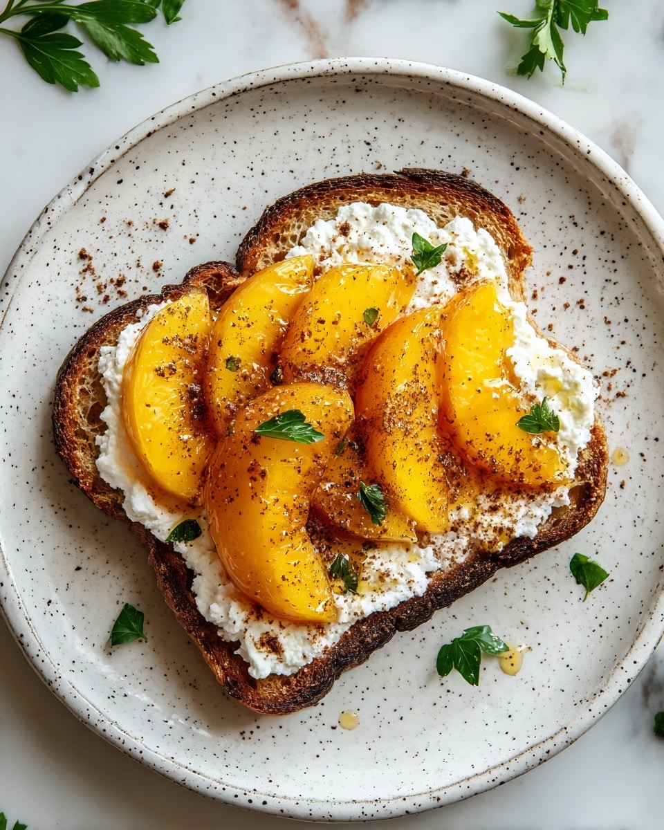 The image shows a single slice of toasted bread with a dark brown crust, placed in the center of a white speckled plate. On the toast, there is a thick, uneven layer of white cottage cheese spread out as the first layer. On top of the cottage cheese, several golden orange peach slices are arranged, slightly overlapping and glistening with a light drizzle of honey. The peach slices are sprinkled with fine dark brown cinnamon powder, and small fresh green parsley leaves are scattered atop for a pop of color. The plate rests on a white marbled surface with scattered parsley leaves around. Photo taken with an iphone --ar 4:5 --v 7