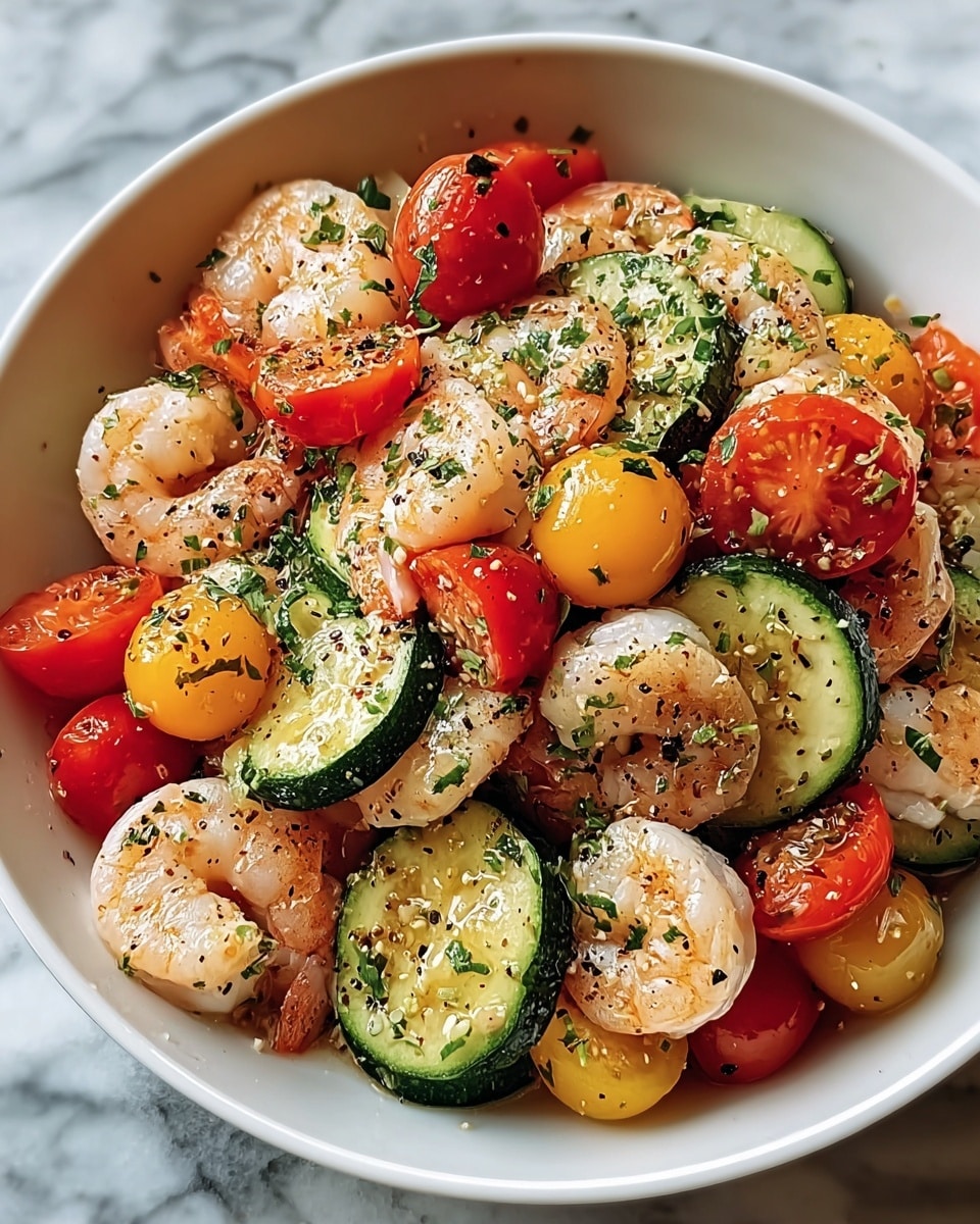 A white bowl filled with a colorful, fresh shrimp salad sits on a white marbled surface. The dish has one main layer of light pink cooked shrimp curled and scattered evenly around the bowl. Mixed with the shrimp are bright red and yellow cherry tomatoes, which are smooth and shiny, adding a juicy texture. Slices of green zucchini with a slightly soft texture and light seeds are spread throughout the bowl. The shrimp and vegetables are sprinkled with black pepper, coarse salt, and chopped green herbs, giving a speckled, fresh look. photo taken with an iphone --ar 4:5 --v 7