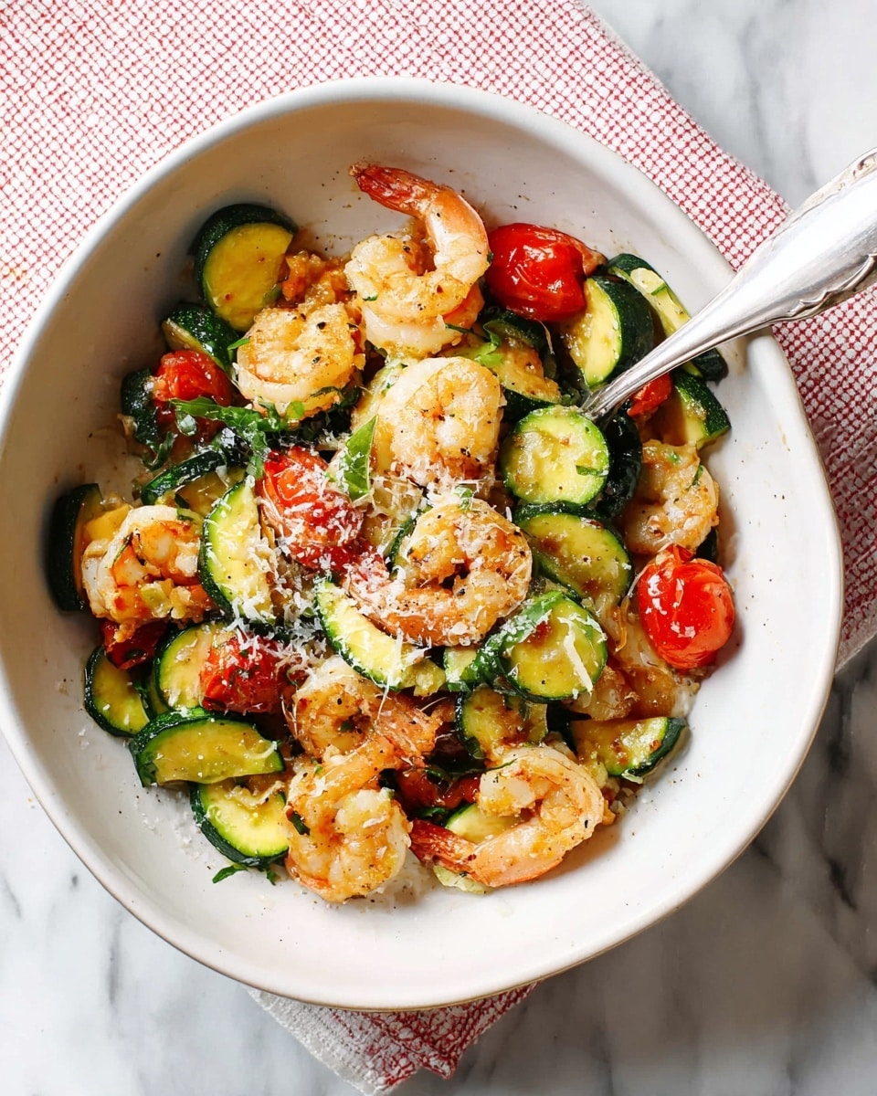 A white bowl filled with cooked shrimp that are light orange and curled, mixed with bright green sliced zucchini and whole red cherry tomatoes. The vegetables and shrimp have a slight shine, showing they are lightly cooked, and there are thin, dark green basil leaves scattered throughout. The dish is topped with a light sprinkle of finely grated white cheese. A silver spoon is placed partly in the bowl, leaning on the right side among the food. The bowl is set on a white marbled surface with a checkered red and white cloth partially visible nearby. photo taken with an iphone --ar 4:5 --v 7