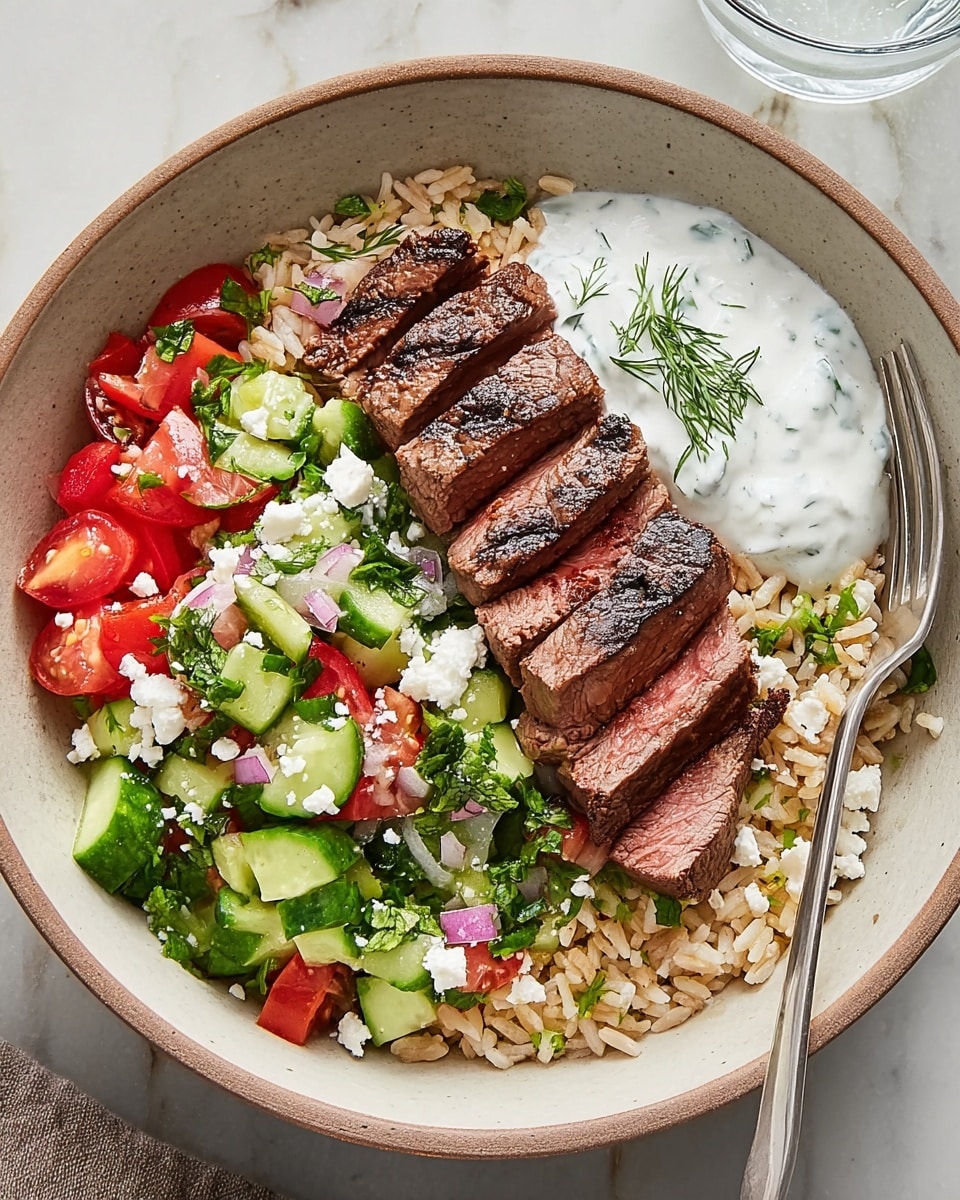 A round bowl with a light brown rim sits on a white marbled texture surface, containing a colorful dish with three main layers. The bottom right side of the bowl holds a base layer of light brown rice mixed with some green herb leaves and white crumbled cheese scattered on top. Next to the rice, a row of six pieces of grilled steak with brown char marks and a pink center are neatly placed in a slight diagonal line. On the left side, there is a fresh salad layer made of bright green cucumber chunks, red tomato cubes, chopped red onion, and green herb leaves mixed together with more white crumbled cheese on top. In the middle of the salad sits a dollop of white yogurt sauce with green dill sprinkled on it. A silver fork rests inside the bowl on the right side, and part of a clear glass of water is visible in the top right corner. Photo taken with an iphone --ar 4:5 --v 7