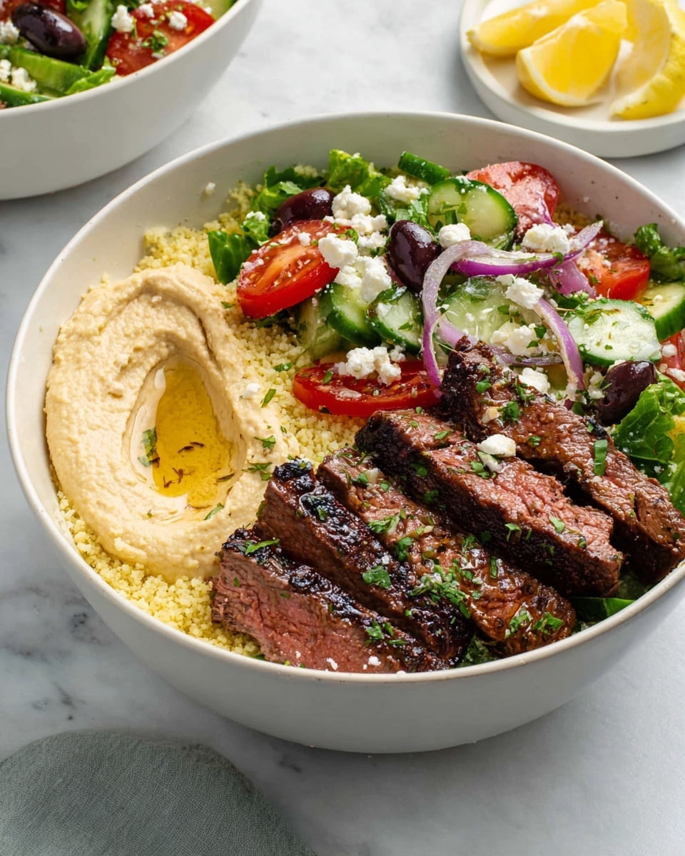 A white bowl shows a dish with four main layers: the bottom layer is light yellow couscous spread evenly, on top of it is a smooth, creamy beige hummus with a drizzle of golden olive oil on the left side; next to the hummus is a fresh salad made of green lettuce pieces, bright red tomato slices, cucumber chunks, purple onion, and a dark purple olive. On the right side, there are four thick slices of grilled steak with charred edges, cooked medium with a pink center, sprinkled with white crumbled feta cheese and small green herb pieces. The bowl rests on a white marbled surface with a small white plate of lemon wedges nearby. photo taken with an iphone --ar 4:5 --v 7