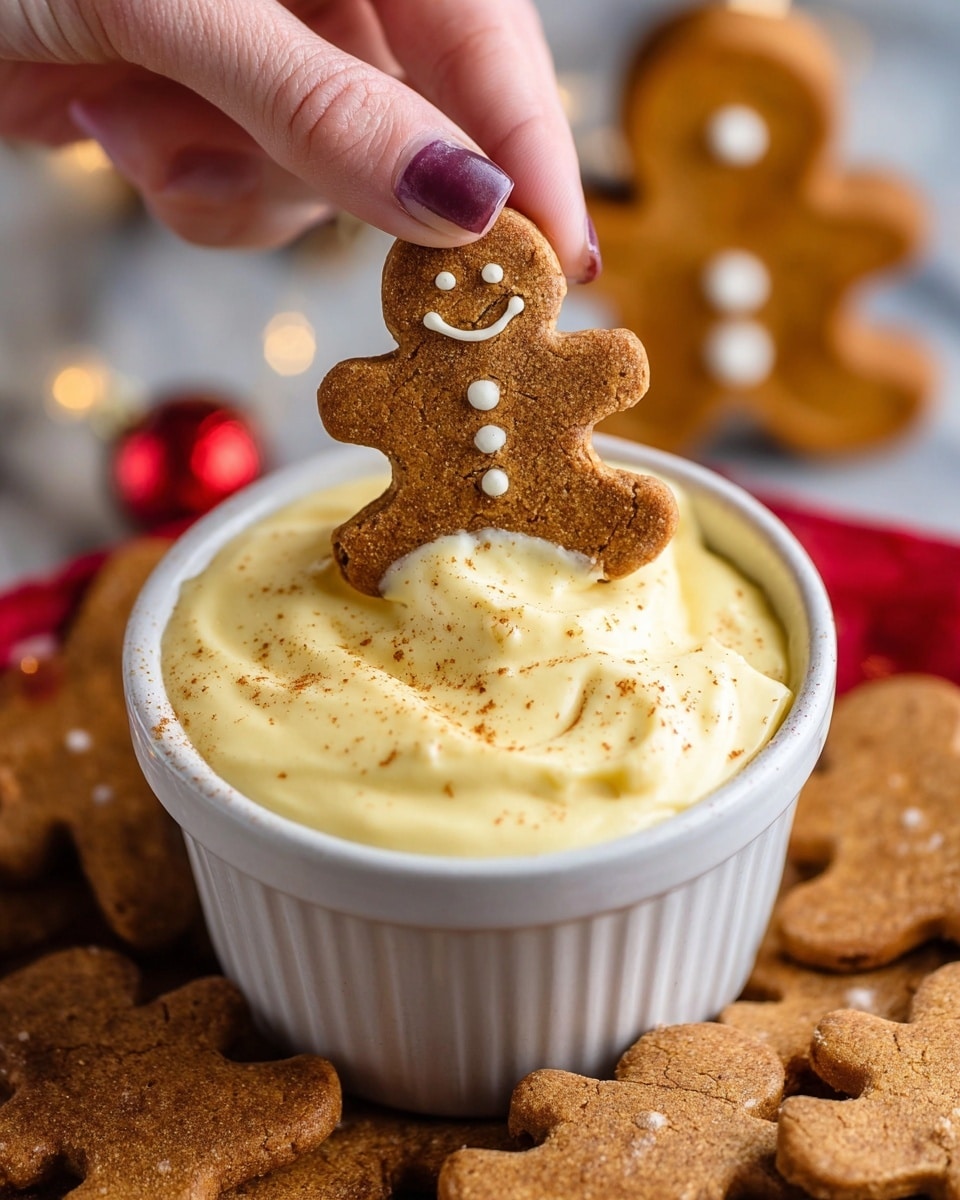 A woman's hand with light purple nail polish is holding a small brown gingerbread man cookie with a smiley face and button details, dipping it halfway into a smooth, thick, creamy light yellow dip sprinkled with small brown specks inside a white bowl. The bowl is surrounded by more gingerbread man cookies on a white marbled surface, and there is a blurred background that includes a gingerbread man shape. photo taken with an iphone --ar 4:5 --v 7