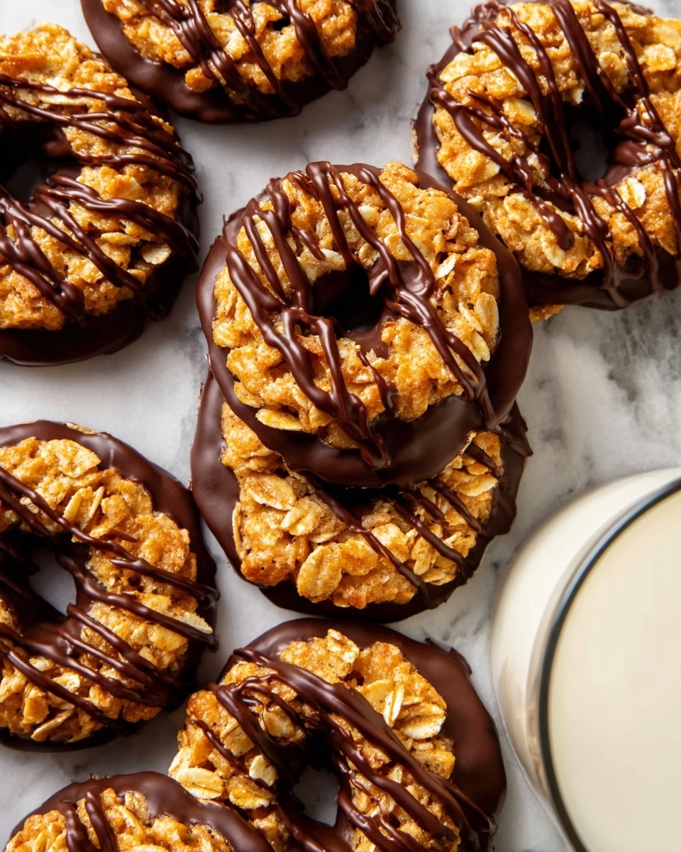 The image shows several round cookies with three layers: the bottom layer is smooth dark chocolate, the middle layer is light golden crispy oat clusters forming a ring shape, and the top layer is dark chocolate drizzled in thin lines over the oat layer. The cookies are arranged closely together on a surface with a white marbled texture, and a clear glass of milk is partially visible on the right side. photo taken with an iphone --ar 4:5 --v 7
