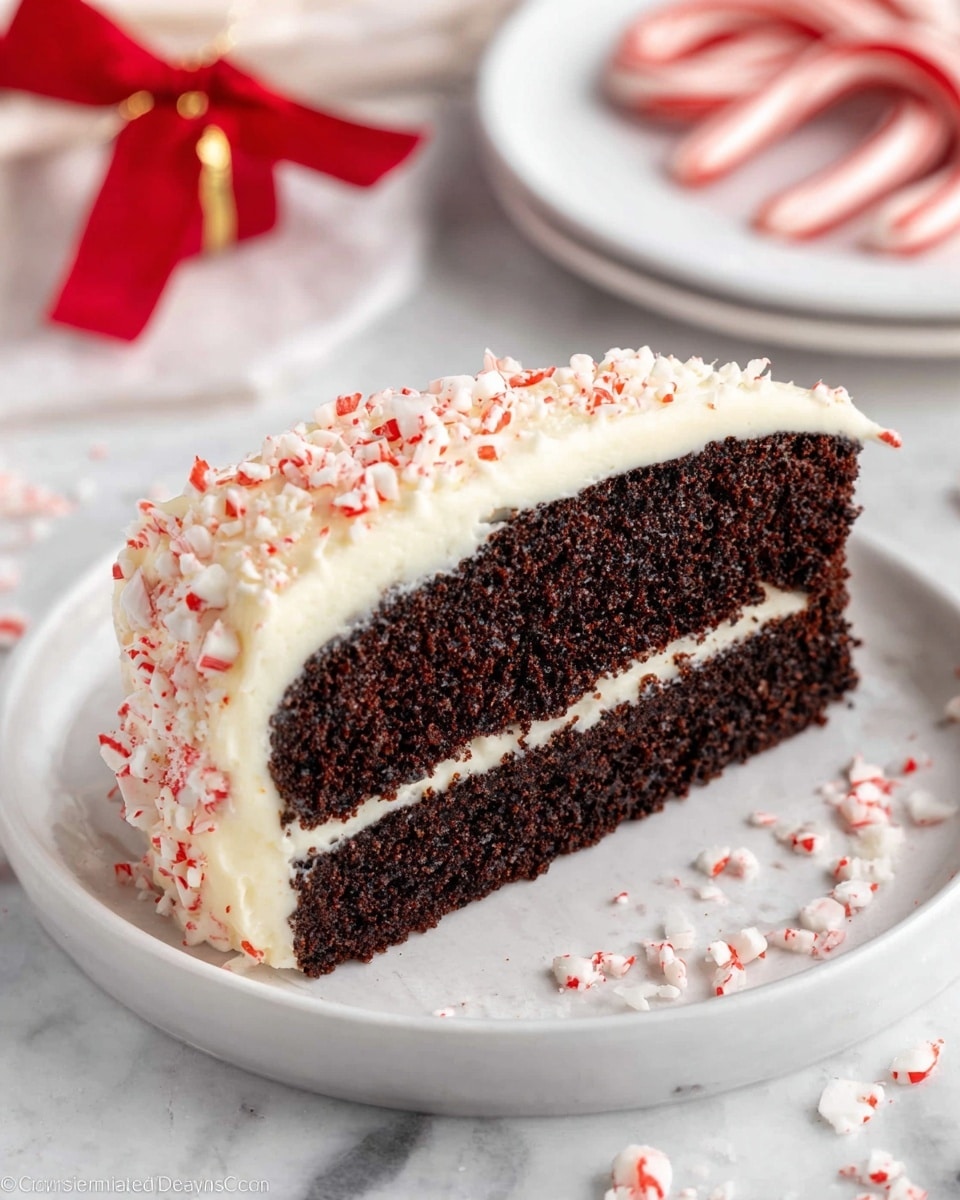 A single slice of chocolate cake with two thick dark brown layers is shown on a white plate, topped and filled with a thick white cream frosting that has small red and white candy pieces mixed in and sprinkled on top. The plate rests on a white marbled surface with crushed candy scattered around. In the background, there is a blurred white plate with red and white candy canes, and a red party cracker tied with gold ribbon. photo taken with an iphone --ar 4:5 --v 7