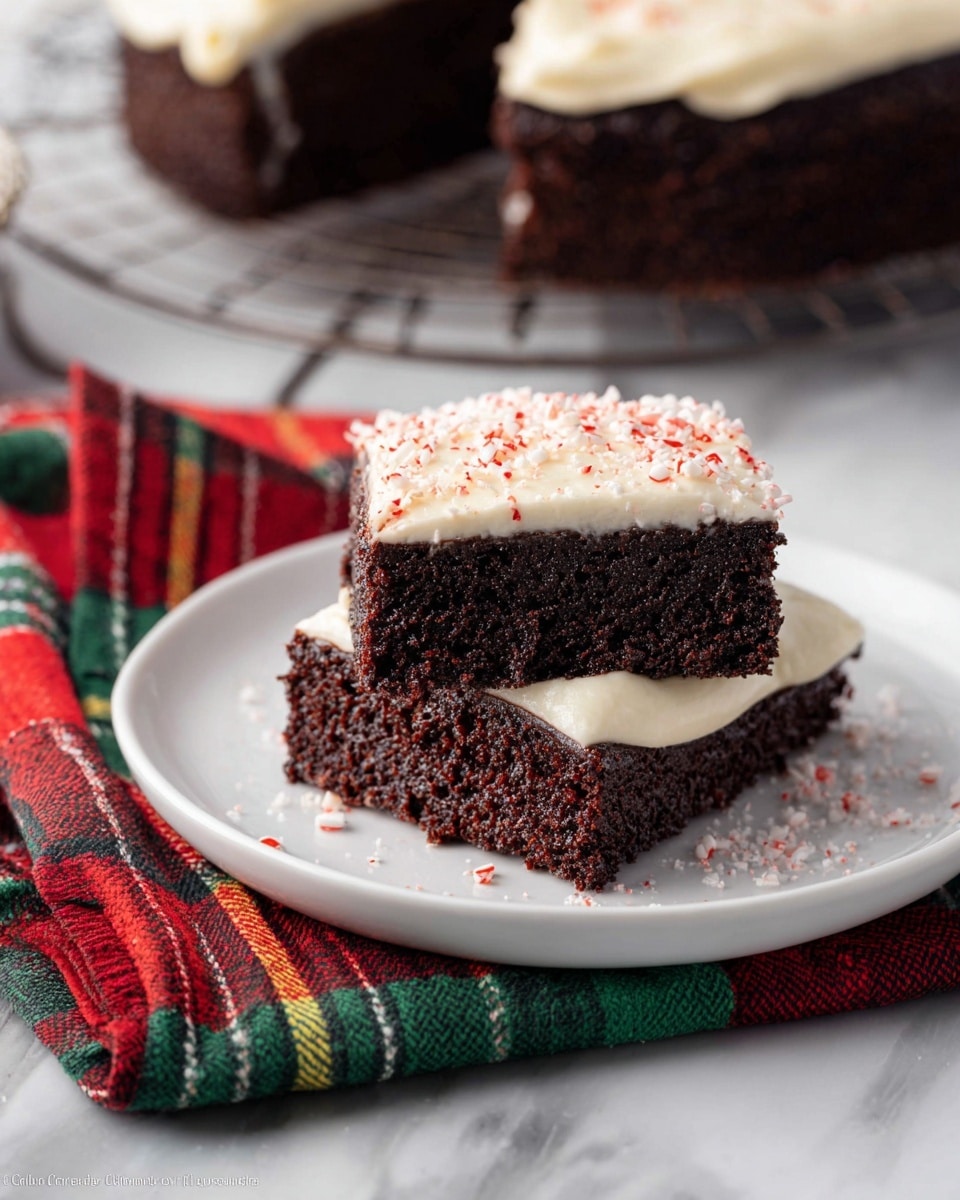 A white plate holds a square, two-layer dessert with a thick bottom layer of white creamy frosting sprinkled with small red bits, and a top layer of dark, moist chocolate cake. The frosting layer looks smooth with bits scattered evenly, while the chocolate cake layer is dense with a rough texture. The plate rests on a folded, colorful tartan cloth with green, red, yellow, and black colors. In the background, a round chocolate cake with white frosting along its edges sits on a wire cooling rack, all placed on a white marbled surface. Photo taken with an iphone --ar 4:5 --v 7