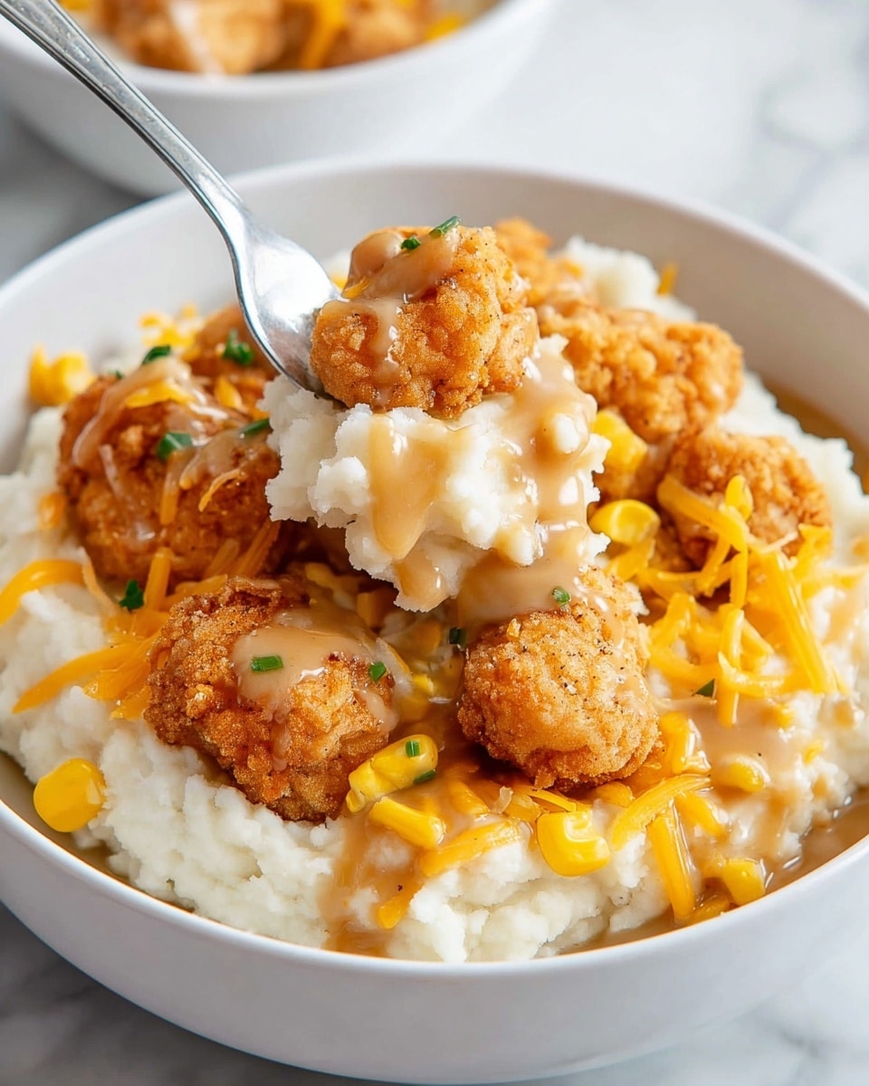A white bowl filled with a base layer of smooth, creamy white mashed potatoes. Scattered on top are small, golden-brown crispy fried chicken bites, each drizzled lightly with a tan gravy sauce. Thin, bright orange shredded cheddar cheese is spread over the chicken and potatoes, adding a pop of color. Small yellow corn kernels are mixed throughout the mash, adding texture and color contrast. A silver fork lifts a portion showing all the layers together. The bowl sits on a white marbled surface. photo taken with an iphone --ar 4:5 --v 7