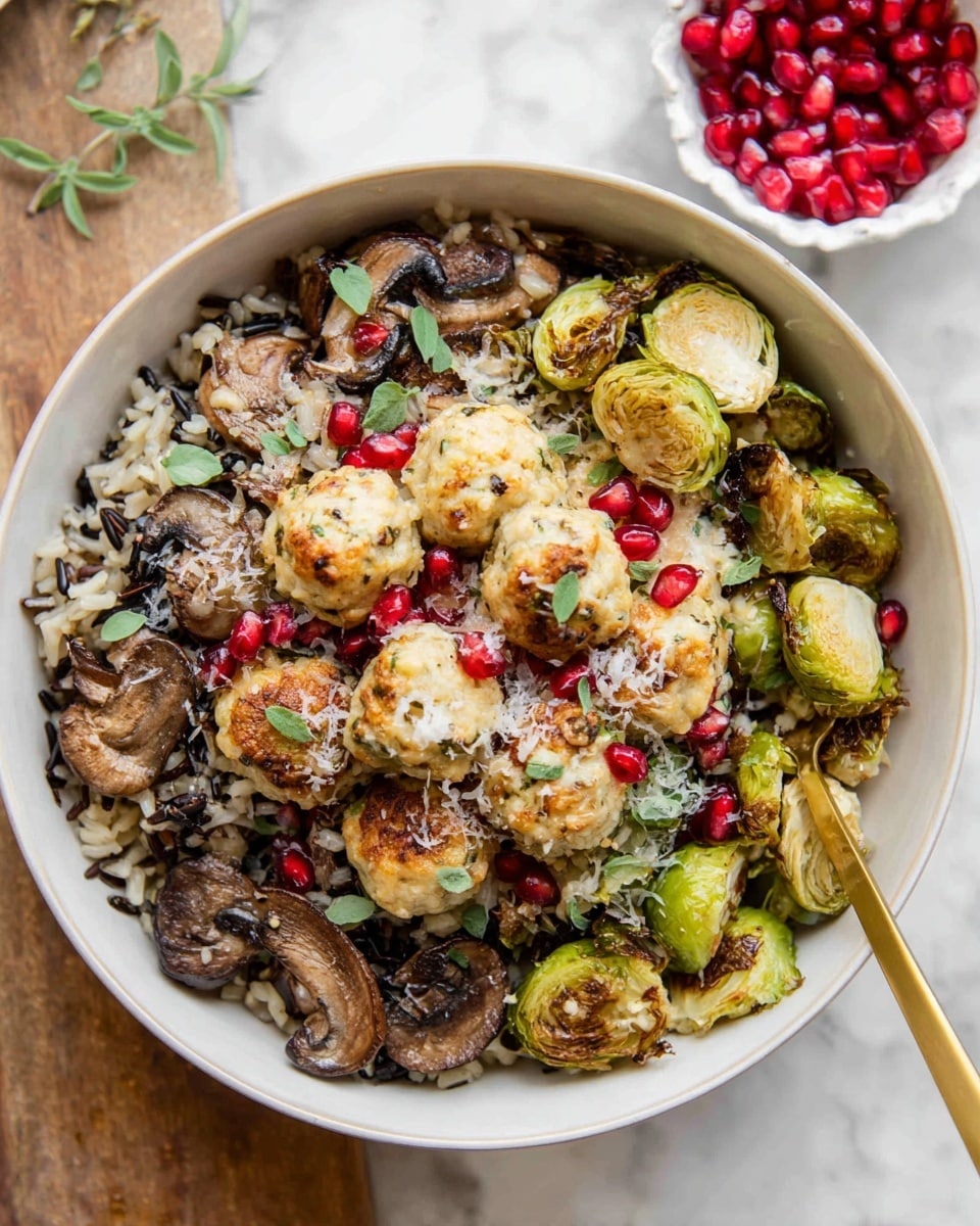 A white bowl filled with a dish that has multiple layers: at the bottom is a mix of wild rice and grains having brown and off-white colors, on top of that are green roasted Brussels sprouts and browned sliced mushrooms arranged around the edge, and piled in the center are light golden baked meatballs or dumplings sprinkled with grated cheese and bright red pomegranate seeds scattered over them. There are fresh green herb leaves placed on top as garnish. The bowl sits on a white marbled surface with a small white bowl of pomegranate seeds nearby and a gold spoon resting inside the main bowl. Photo taken with an iphone --ar 4:5 --v 7