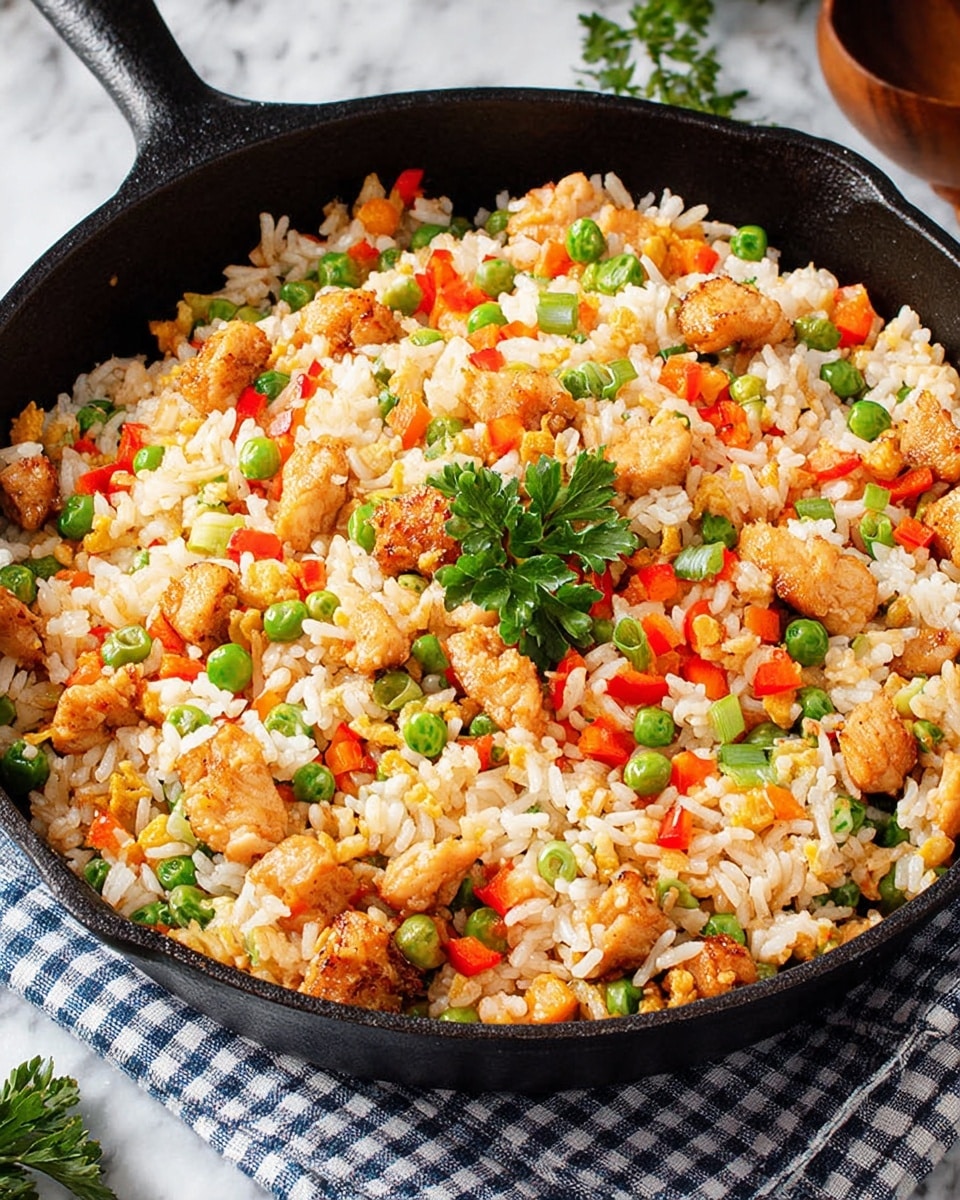 A black cast iron pan filled with colorful fried rice sits on a white marbled surface over a blue and white checkered cloth. The fried rice has three main layers: at the bottom, there is fluffy white rice mixed evenly with bright green peas and small diced orange carrots; the middle layer features golden-brown cooked chicken pieces scattered throughout; on top, finely chopped red bell peppers and green onions add a fresh pop of color, all garnished with a single parsley leaf in the center. The pan’s texture is rough and matte, contrasting with the soft, vibrant food inside. Photo taken with an iphone --ar 4:5 --v 7