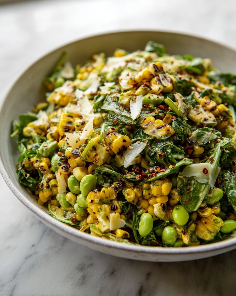 A large white bowl filled with a colorful salad, showing multiple layers of ingredients closely mixed together. The base layer consists of bright yellow grilled corn pieces with some char marks, mixed with light green edamame beans. On top of this is a layer of dark green leafy spinach or arugula that adds a fresh and textured look. Scattered throughout are small pieces of white slivered cheese or thin potato slices that add contrast. The salad is sprinkled with red chili flakes and herbs, giving it a speckled red and green color on top. The bowl rests on a white marbled surface, slightly out of focus in the background. photo taken with an iphone --ar 4:5 --v 7
