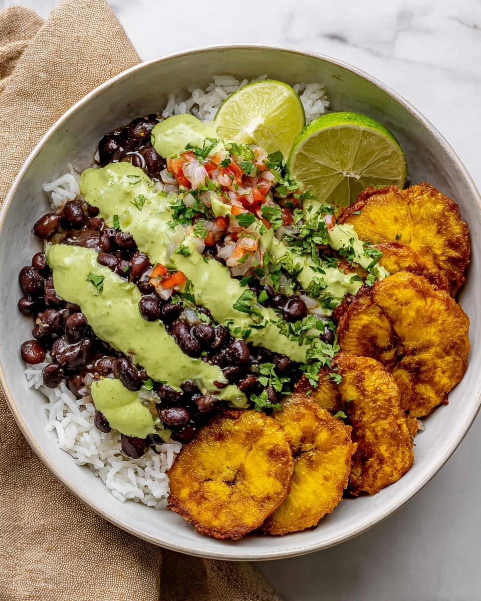 A white bowl filled with a base layer of fluffy white rice, topped with a layer of cooked black beans mixed with small pieces of red and white diced vegetables, covered partially by three thick swipes of creamy green sauce. On one side of the bowl, there is a line of five golden, crispy fried plantain slices with a slightly rough texture. A wedge of lime and a few sprigs of fresh cilantro rest on top, adding bright green colors. The bowl sits on a white marbled surface with a beige cloth nearby. photo taken with an iphone --ar 4:5 --v 7
