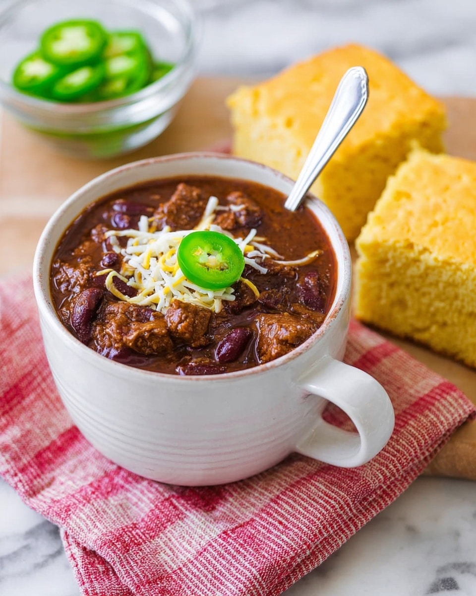 A white mug filled with thick chili showing rich brown meat chunks and dark red kidney beans, topped with light shredded cheese and one slice of bright green jalapeño pepper placed in the center; a silver spoon is inside the mug. To the right are two yellow cornbread squares with a crumbly texture, and behind them is a clear glass bowl containing sliced green jalapeños in liquid. The mug and food are placed on a red and white striped cloth on a white marbled surface. Photo taken with an iphone --ar 4:5 --v 7