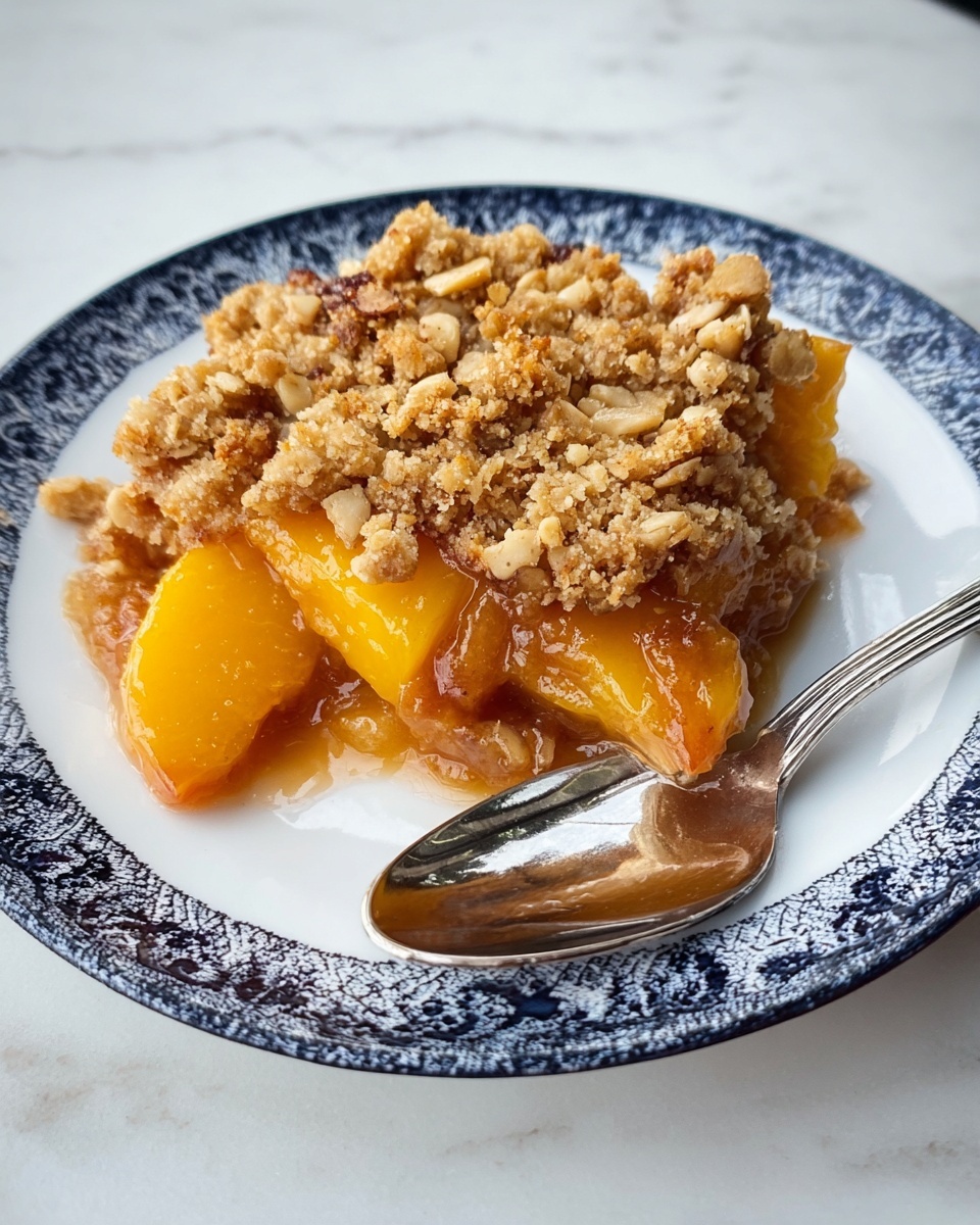 A piece of peach crisp sits on a white plate with a blue patterned rim, showing two clear layers. The bottom layer is soft, cooked peach slices in a juicy, orange-brown syrup, glistening with warmth and a slightly translucent look. On top, a thick crumbly layer of golden-brown oat and brown sugar crumble with small nut pieces adds a rough texture. A silver spoon rests on the plate’s side, reflecting light. The whole setup is placed on a white marbled surface. photo taken with an iphone --ar 4:5 --v 7