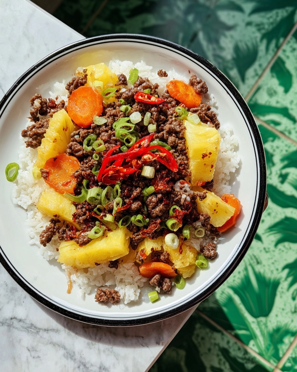 A white plate with a black rim holds a layered dish starting with a base of sticky white rice, topped with small pieces of cooked ground beef. Scattered on top are bright yellow pineapple chunks, slices of dried red chili, thin round slices of orange carrot, and chopped light green scallions. The plate sits on a white marbled surface with a green patterned floor in the background. photo taken with an iphone --ar 4:5 --v 7