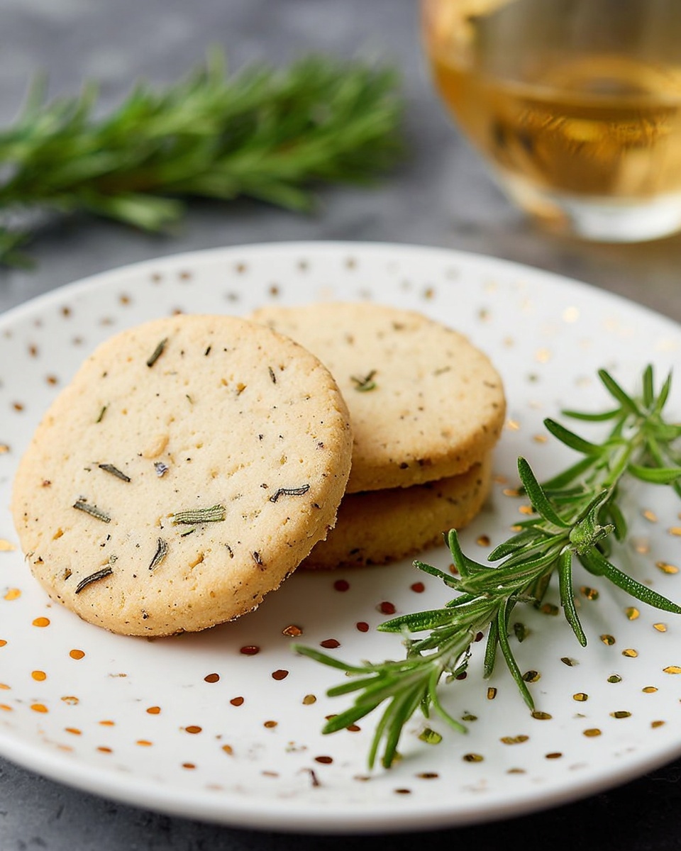 The image shows two round, light tan cookies with small black herb specks stacked slightly overlapping on a white plate with a scattered gold polka dot pattern. A fresh green rosemary sprig lies diagonally on the right side of the plate. The plate rests on a white marbled surface, and a blurry glass with a golden liquid is seen in the background. photo taken with an iphone --ar 4:5 --v 7