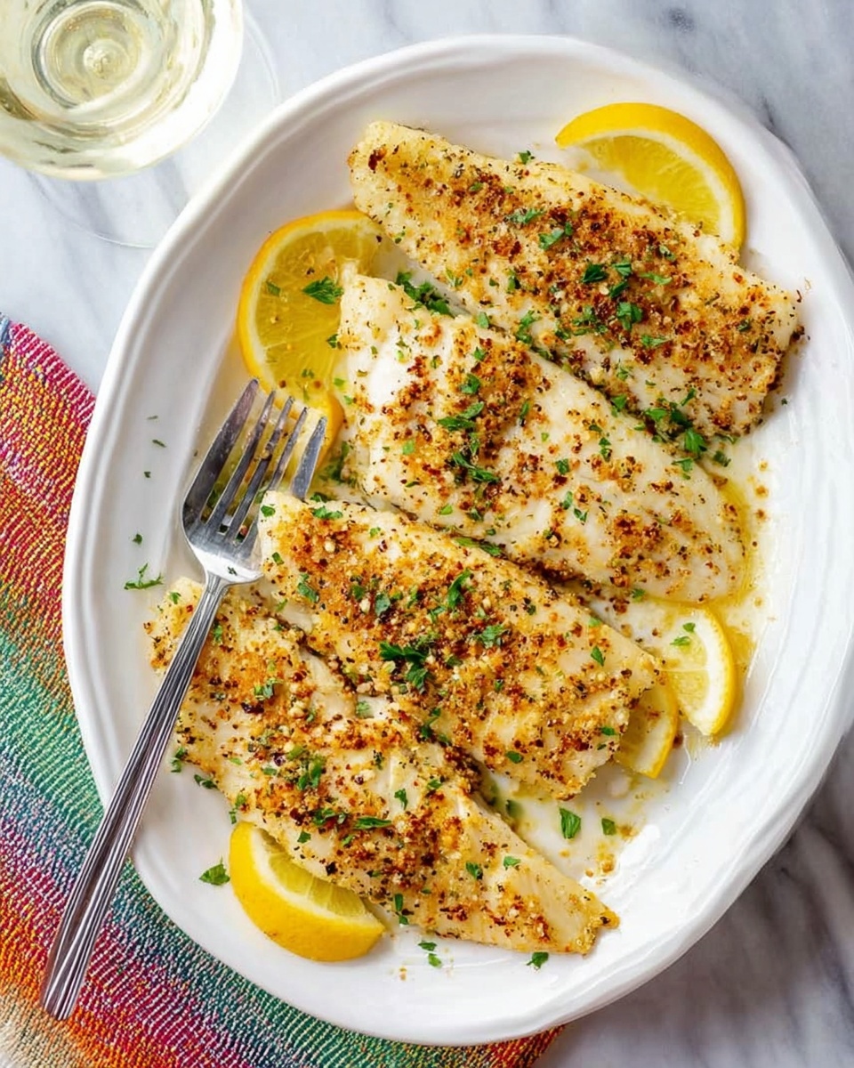 The image shows a white oval plate with four pieces of cooked fish fillets arranged in a slightly scattered line. The fish has a golden-brown crust with visible seasoning and small herbs sprinkled on top. Underneath and around the fish are thin lemon slices, some partially beneath the fillets and others placed beside them. A silver fork rests on the left side of the plate, touching one piece of fish. The plate is placed on a white marbled surface with a colorful striped cloth partially visible in the lower left corner. A glass of light-colored drink is blurred in the upper right background. Photo taken with an iphone --ar 4:5 --v 7