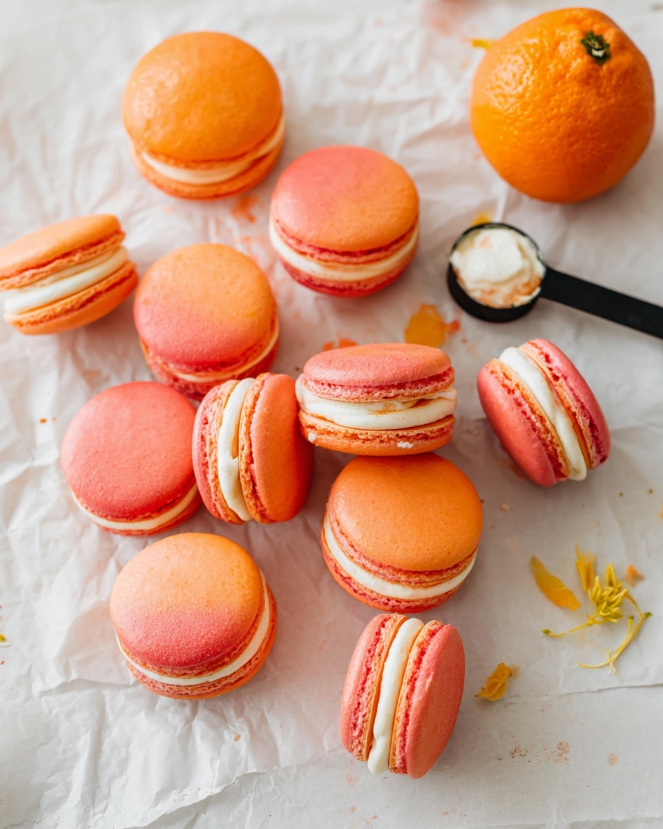 A group of small orange and pink macarons with smooth, slightly glossy tops and creamy white fillings are scattered on crinkled white parchment paper set on a white marbled surface. The macarons are stacked in places, showing two distinct cookie layers sandwiching the white filling. Two whole oranges with textured, bright orange skins sit near the macarons, one at the top and one at the bottom right. A small black measuring spoon with a bit of cream rests at the bottom right next to the orange. A tiny yellow flower and some petals are placed near the top right. The scene is bright and clean with a soft, natural light. photo taken with an iphone --ar 4:5 --v 7