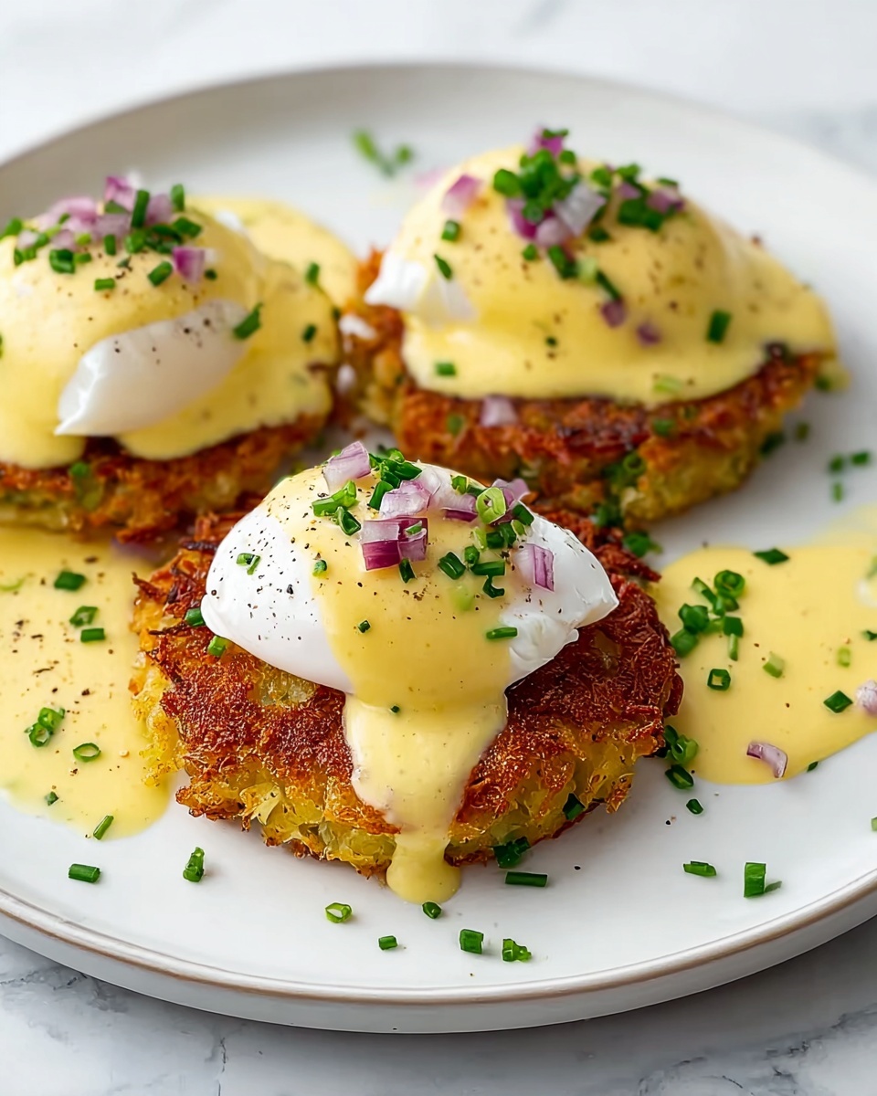 Three crispy golden-brown potato patties are arranged on a white plate with a white marbled background. Each patty is topped with a smooth, white poached egg, covered in creamy light yellow hollandaise sauce with a slightly glossy texture. Small pieces of chopped green chives and finely diced red onions are sprinkled on top of the sauce and eggs, adding a touch of green and purple colors. Some sauce pools around the patties on the plate, decorated with extra chives. The dish looks warm and fresh, with a soft focus on details like black pepper specks over the eggs and sauce. photo taken with an iphone --ar 4:5 --v 7
