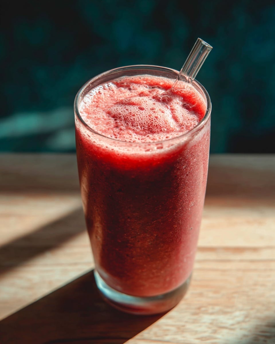 A tall clear glass filled with a blended red smoothie that has a frothy, slightly bubbly texture on top and a thicker, denser look throughout the rest of the glass. A clear glass straw is inserted into the smoothie near the right side of the glass. The glass is placed on a light wooden surface with soft natural sunlight casting a shadow behind it. The background is blurred with dark green and blue tones. photo taken with an iphone --ar 4:5 --v 7