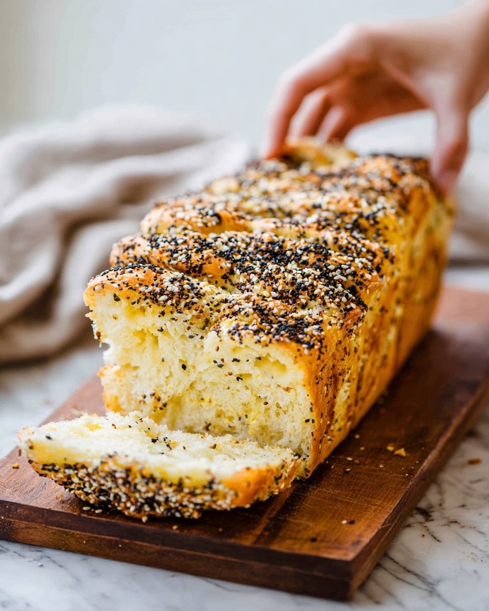 A loaf of soft, light yellow bread is covered with layers of black and white sesame seeds, poppy seeds, and other seasoning crumbs on top, forming a rough, speckled texture. The bread is sliced vertically into thick, pull-apart sections, revealing fluffy, airy inside layers. The loaf rests on a wooden cutting board, and a woman's hand pulls one slice gently away from the rest. The background has a soft, white marbled texture, with a blurred cloth nearby. photo taken with an iphone --ar 4:5 --v 7