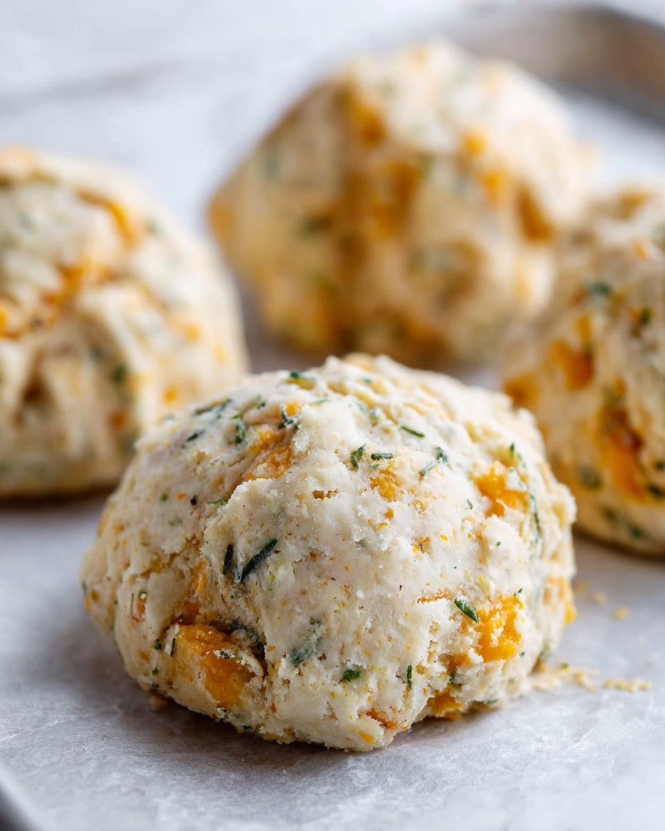 The image shows four rough, round dough balls placed on white baking paper over a white marbled textured surface. Each dough ball has a creamy white base mixed with visible chunks of orange cheese and flecks of green herbs, giving them a speckled, uneven texture. The dough looks soft and slightly crumbly, with a rustic appearance and small golden-brown baked spots. The focus is on one dough ball in the center foreground, with the other three softly blurred in the background. Photo taken with an iphone --ar 4:5 --v 7