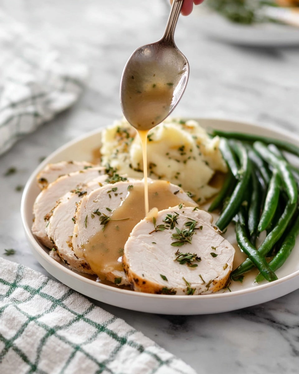 On a white plate, there are three thick slices of white turkey breast laid side by side, each slice showing a light golden-brown edge and garnished with small green herbs. To the right of the turkey is a scoop of creamy mashed potatoes topped with a light brown gravy sprinkled with herbs, and behind the turkey are several bright green, slender green beans. A woman's hand is holding a silver spoon above the plate, drizzling a smooth, light brown gravy with herb specks over the turkey slices. The plate is set on a white marbled surface, with a white and green checkered cloth nearby. Photo taken with an iphone --ar 4:5 --v 7