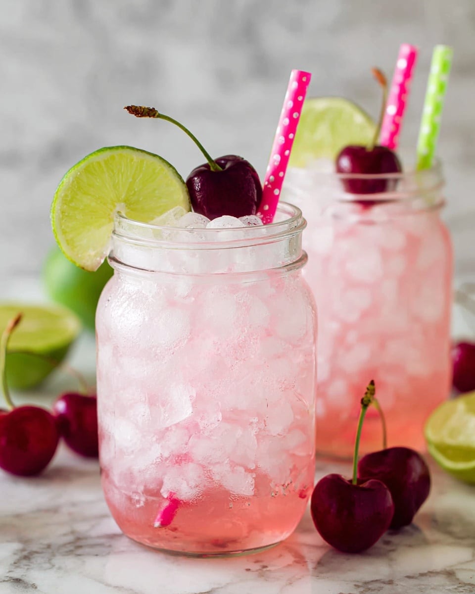 Two clear glass mason jars filled with crushed ice and light pink liquid. Each jar has a thin slice of lime on the rim, a dark red cherry with stem resting on ice, and a colorful straw—one pink with white polka dots, one green with white stripes. The jars sit on a white marbled surface with some loose cherries and lime slices nearby. The bright and fresh drink looks cold and inviting. photo taken with an iphone --ar 4:5 --v 7