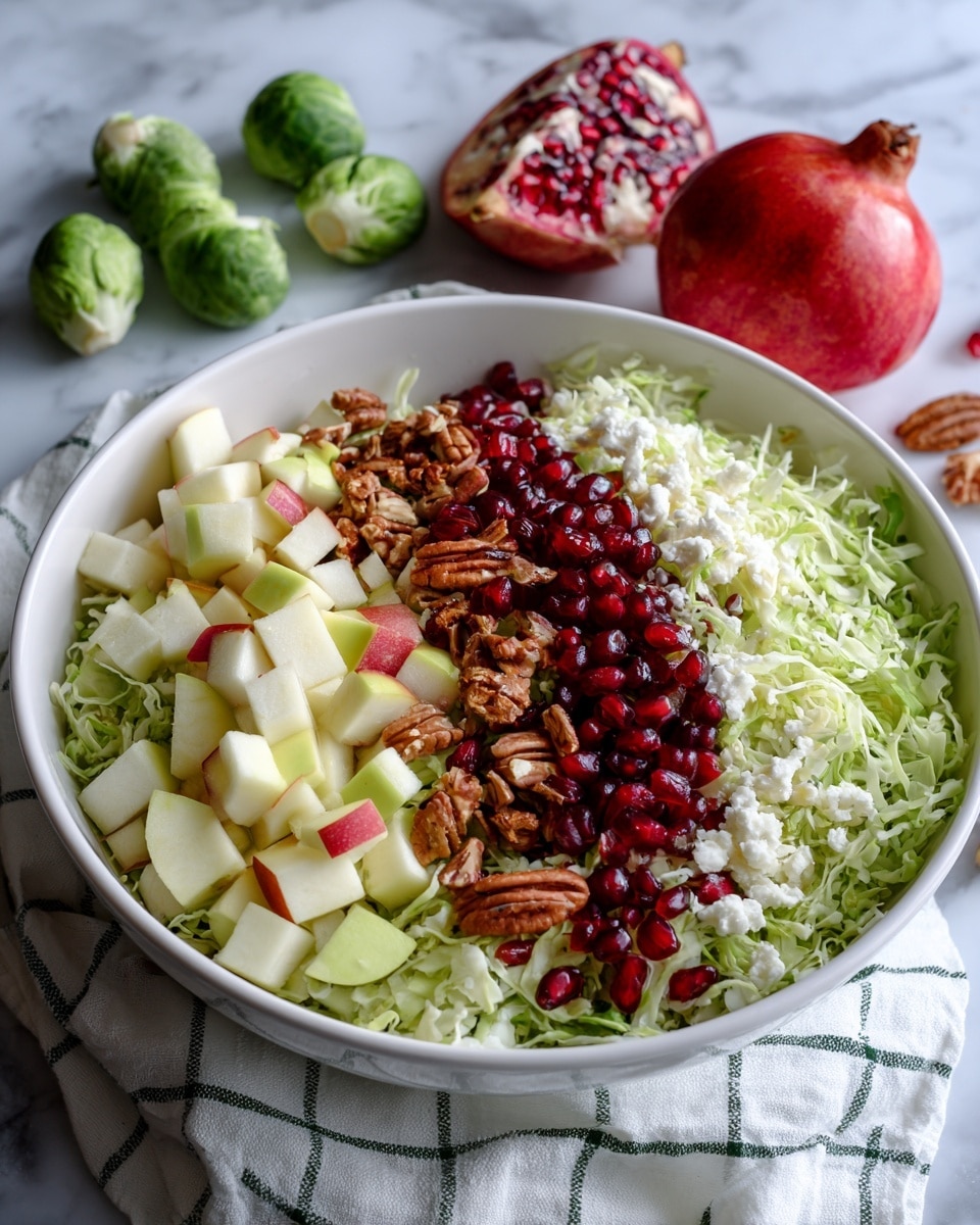 A large white bowl filled with a fresh salad that has multiple layers: the base is finely shredded pale green Brussels sprouts, topped with small cubes of light cream and red apple pieces, scattered deep red pomegranate seeds, and crumbled light brown candied pecans. There are also small white bits of cheese mixed throughout. The bowl is placed on a white and green checkered cloth, set on a white marbled surface, with whole Brussels sprouts, a red apple, and a halved pomegranate nearby. Photo taken with an iphone --ar 4:5 --v 7