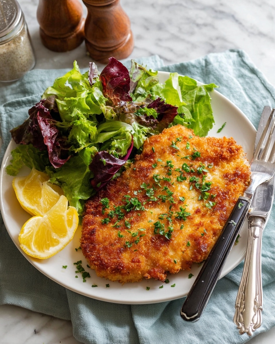 A white plate sits on a light blue cloth over a white marbled surface, holding a golden-brown breaded piece of fried chicken that is sprinkled with chopped green herbs as the main food layer on the right side. The left side contains a fresh mixed green salad with different types of lettuce leaves in shades of green and dark reddish-purple. Two bright yellow lemon wedges rest at the bottom left of the plate. Silver fork and knife with black and silver handles are placed on the right edge of the plate, partially on the cloth. Nearby in the top left corner are salt and pepper shakers in natural brown tones. Photo taken with an iphone --ar 4:5 --v 7