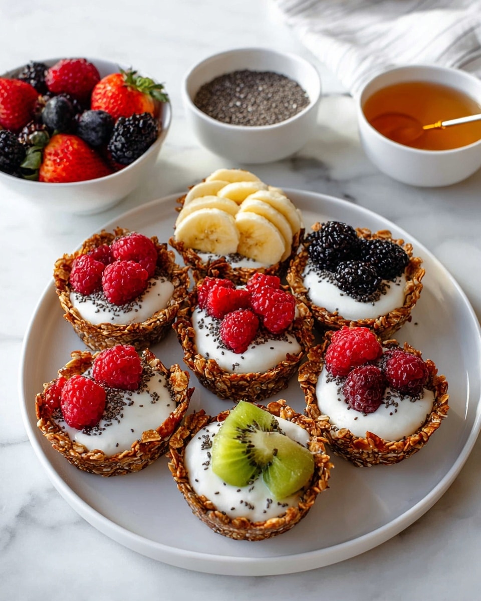 Seven granola cups arranged neatly on a white round plate, each cup filled with a layer of creamy white yogurt topped with slices of yellow banana, green kiwi chunks, red raspberries, and black blackberries. Small black chia seeds are sprinkled on top of every cup, adding texture. Behind the plate are three small white bowls, one with mixed fresh berries including strawberries, raspberries, and blackberries, another filled with black chia seeds, and the last filled with golden honey. The setting is on a white marbled texture surface, with soft natural light enhancing the fresh and healthy look of the dish. photo taken with an iphone --ar 4:5 --v 7