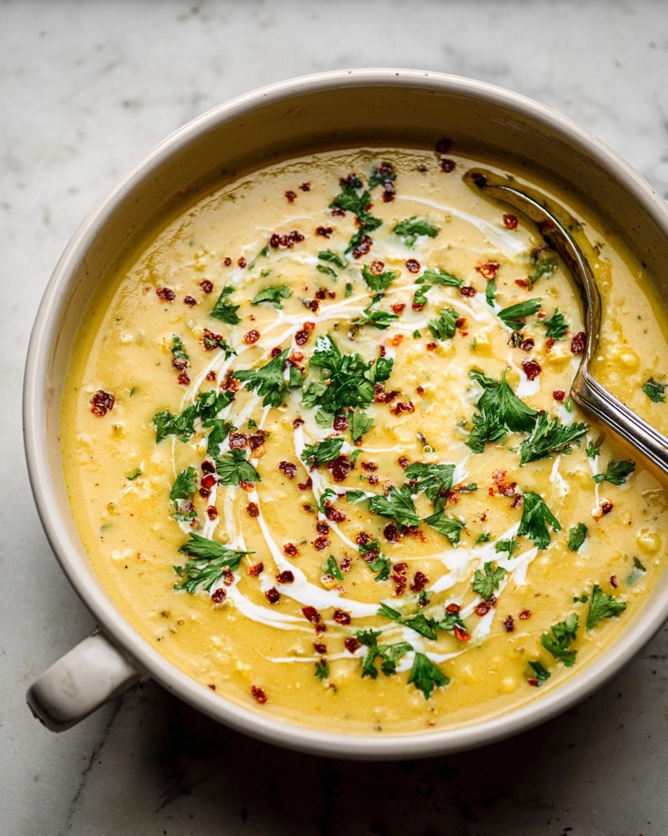 A creamy yellow soup is served in a round white bowl with a handle, filled almost to the top. The soup has a slightly chunky texture with small pieces visible throughout. On top, there is a swirl of white cream, scattered fresh green parsley leaves, and small red chili flakes sprinkled evenly across the surface. A silver spoon rests inside the bowl, partly submerged in the soup. The background shows a white marbled texture underneath the bowl. Photo taken with an iphone --ar 4:5 --v 7