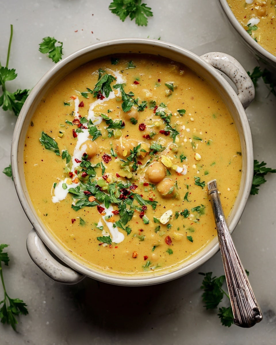 A top view of a creamy yellow soup with chickpeas and small bits of vegetables in a white bowl with two handles, the soup is thick with a smooth texture. The soup is garnished with fresh green parsley leaves scattered on top, white swirls of cream, and tiny red chili flakes. A silver spoon rests inside the bowl on the right side. The bowl is placed on a white marbled surface with a few parsley leaves scattered around. photo taken with an iphone --ar 4:5 --v 7