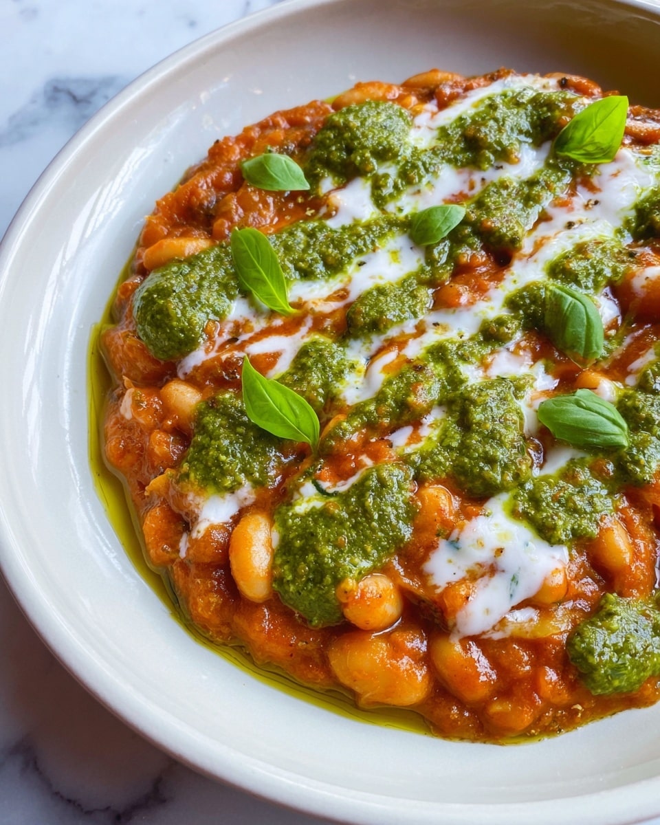 A close-up of a warm dish served in a white bowl filled with several layers of food: the base is a thick, red-orange sauce mixed with soft, light orange beans that have a creamy texture; swirled on top are smooth, bright green dollops of pesto and creamy white sauce, creating a marbled effect; small fresh green basil leaves are scattered evenly on the surface, adding a fresh and vibrant touch; the dish looks rich with a glossy finish from a drizzle of golden olive oil, highlighting the textures and colors against the bowl’s white edge on a white marbled surface. photo taken with an iphone --ar 4:5 --v 7