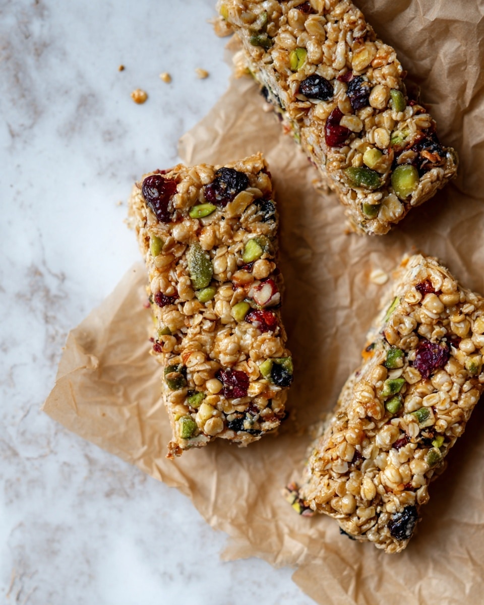 The image shows three granola bars with a rough, chunky texture placed on a piece of crumpled brown paper. Each bar is made of a mix of light brown oats, puffed grains, and various small colorful bits including green pistachios, dark raisins, and red dried berries. The bars have a shiny, sticky surface that holds the ingredients together. The background is a smooth white marbled texture with a few scattered crumbs around the bars. photo taken with an iphone --ar 4:5 --v 7