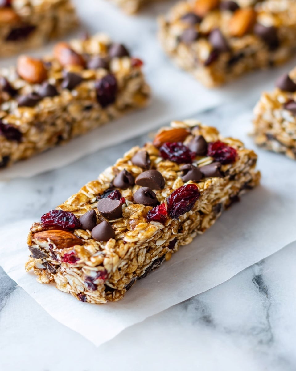 The image shows a close-up of a thick granola bar with several layers. The base layer is made of tightly packed, light golden oats that create a rough texture. Mixed throughout the oats are whole almonds adding a smooth, brown contrast. There are scattered dark red dried cranberries providing pops of color, and small dark brown chocolate chips are sprinkled mainly on the top, giving a shiny, smooth look. The bars are cut into rectangular pieces and placed on white parchment paper, which is set on a white marbled surface. Photo taken with an iphone --ar 4:5 --v 7