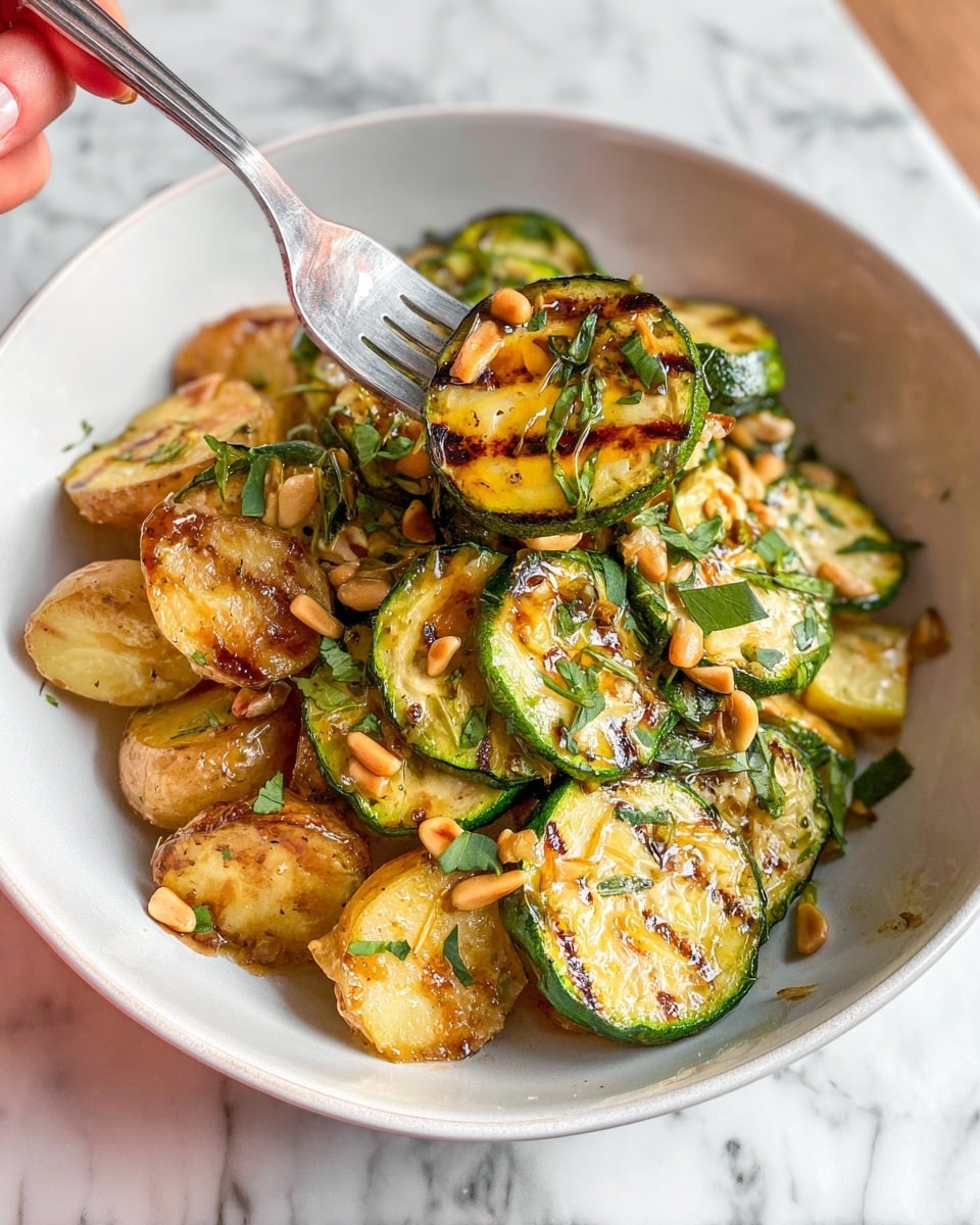 The dish is a mixed vegetable salad served in a deep white oval bowl, filled with several layers of colorful ingredients. The bottom layer consists of light yellow, roasted potato chunks with golden brown edges, giving a crispy texture. Scattered on top are medium thick slices of bright green grilled zucchini with visible grill marks creating a slightly charred texture. White, round corn kernels and small corn cob pieces are mixed evenly throughout, adding a soft and smooth texture. There are also strips of deep red sun-dried tomatoes dispersed among the vegetables, adding a rich and chewy contrast. The salad is topped with finely chopped green herbs sprinkled all around. On one side, a silver spoon with elegant engravings and the word “Serve” lies inside the bowl slightly among the vegetables. The bowl rests on a white marbled surface. photo taken with an iphone --ar 4:5 --v 7