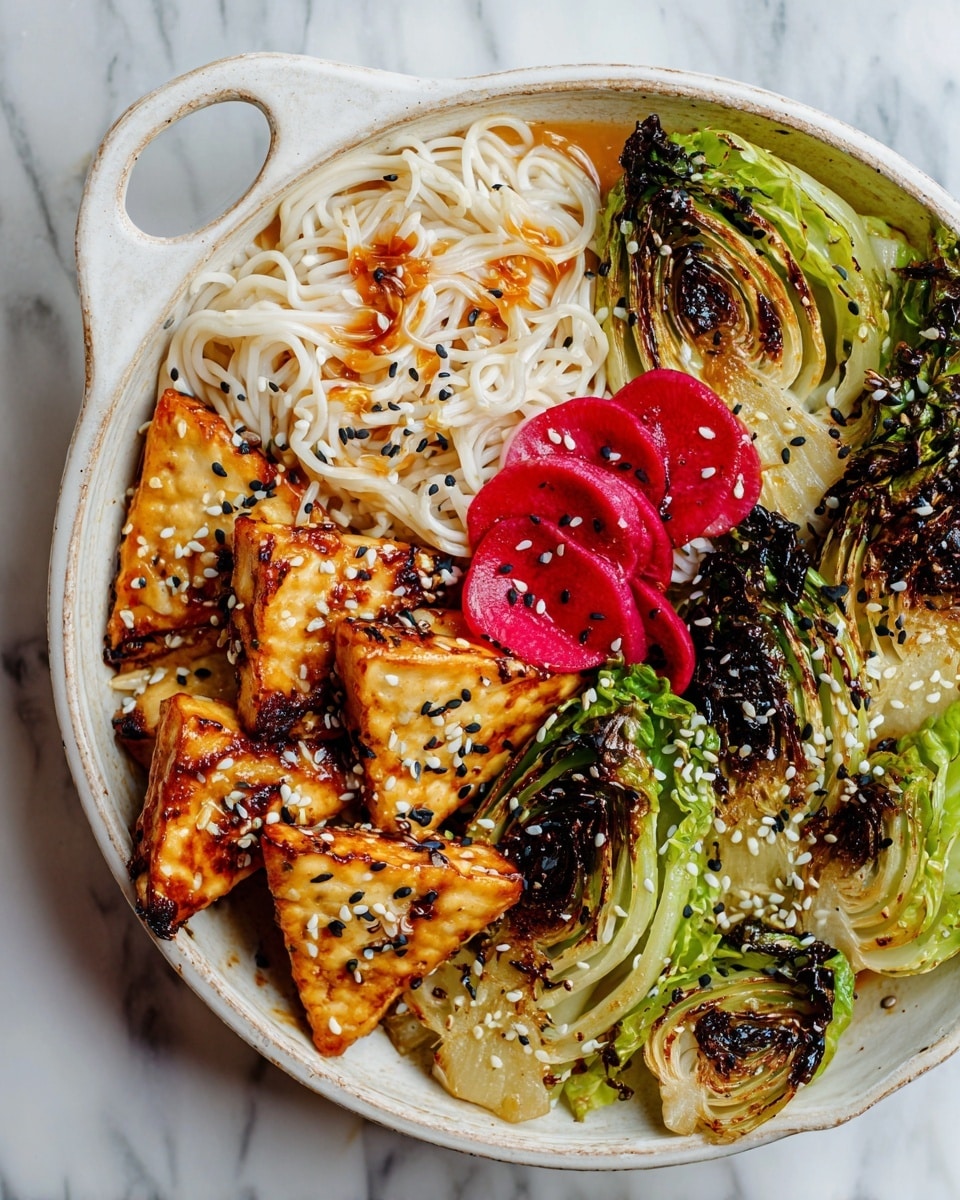 A bowl with three main sections: on the left, charred green lettuce leaves with a mix of light and dark green tones, topped with white and black sesame seeds; on the top right, white noodles with a slight shine and a drizzle of reddish sauce, sprinkled with black sesame seeds; on the bottom right, golden-brown crispy tofu triangles stacked with visible texture and sprinkled with white and black sesame seeds, with small red and purple radish pieces scattered between the sections. The bowl is brown with two handles and is placed on a white marbled surface with a few green onions beside it. photo taken with an iphone --ar 4:5 --v 7