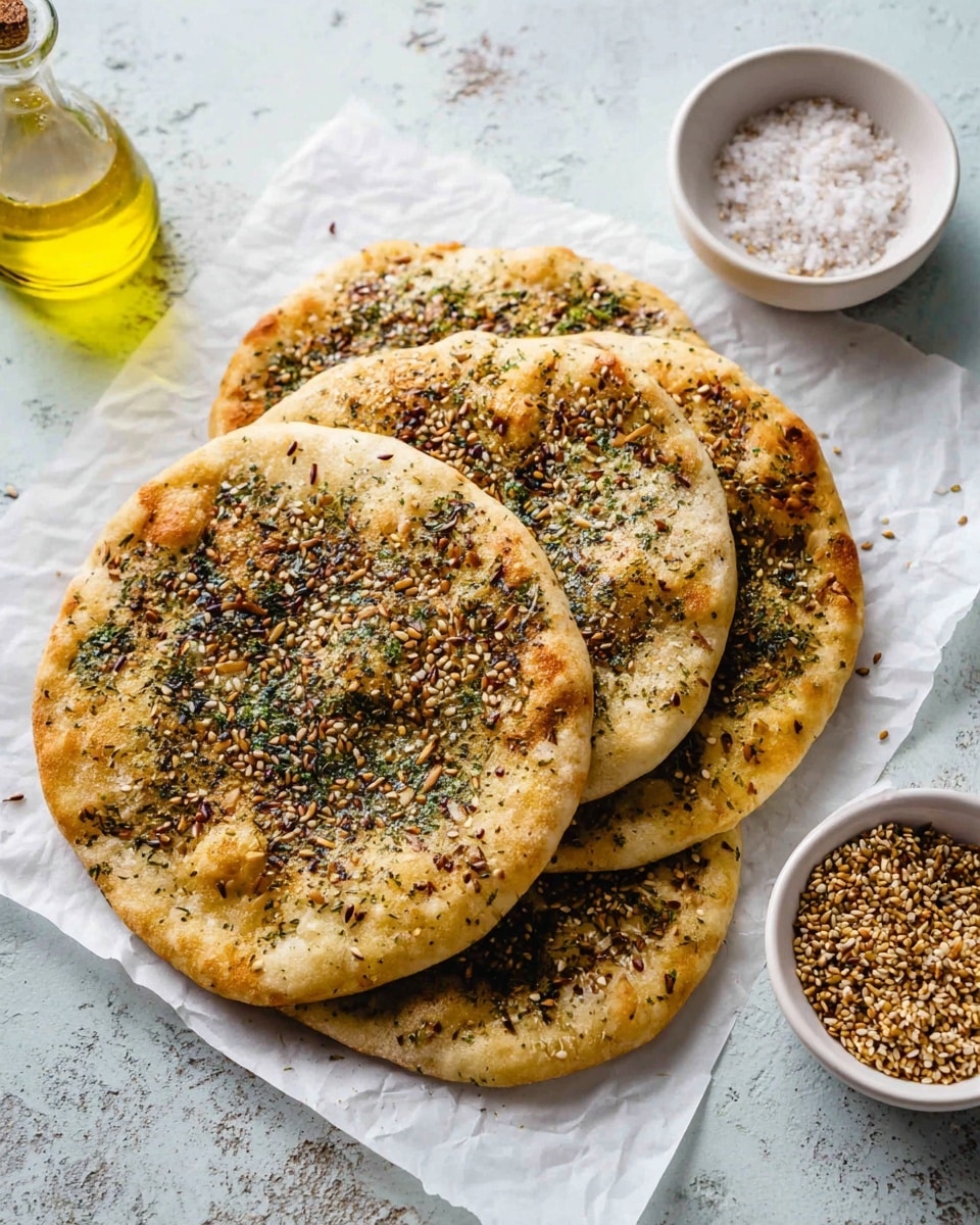 Four round flatbreads are stacked slightly overlapping on a sheet of white parchment paper over a white marbled textured surface. Each flatbread is light golden-brown with a soft, slightly uneven texture, topped with a mix of dark green herbs and brown toasted seeds sprinkled evenly over the surface. To the left, there is a clear glass bottle with golden olive oil and two small white bowls, one with coarse white salt and the other with more toasted seeds. The flatbreads and bowls form a cozy, rustic scene. photo taken with an iphone --ar 4:5 --v 7