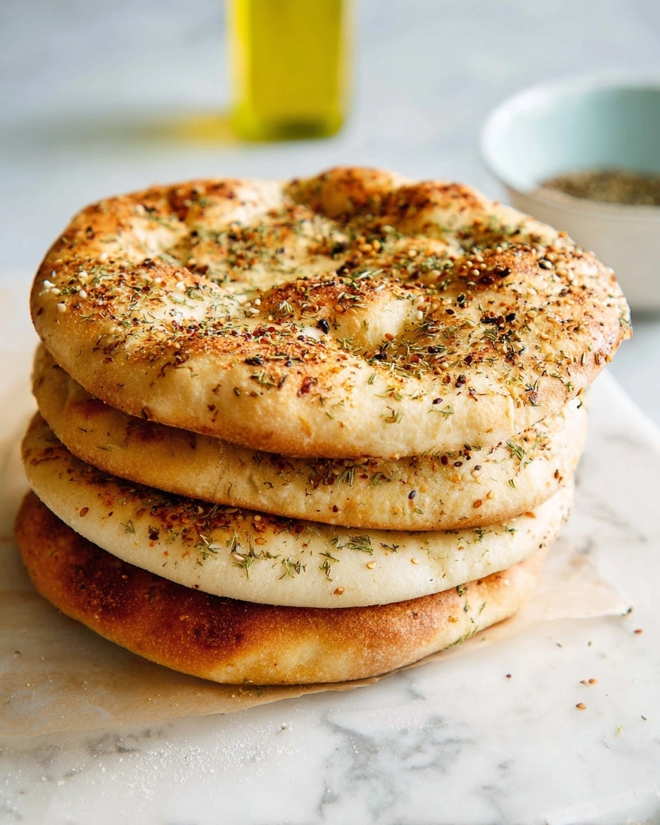 A stack of four round flatbreads sits directly on a white marbled surface, each layer showing a slightly different golden brown color with a soft, slightly puffed texture. The top flatbread is sprinkled with mixed seeds and herbs, featuring small dark brown and green bits scattered across its light golden surface. The edges of the breads are thicker and have a more toasted, deeper brown color. In the blurred background, there is a white bowl with a light blue inside and a small bottle of yellow oil, all on the white marbled texture. photo taken with an iphone --ar 4:5 --v 7