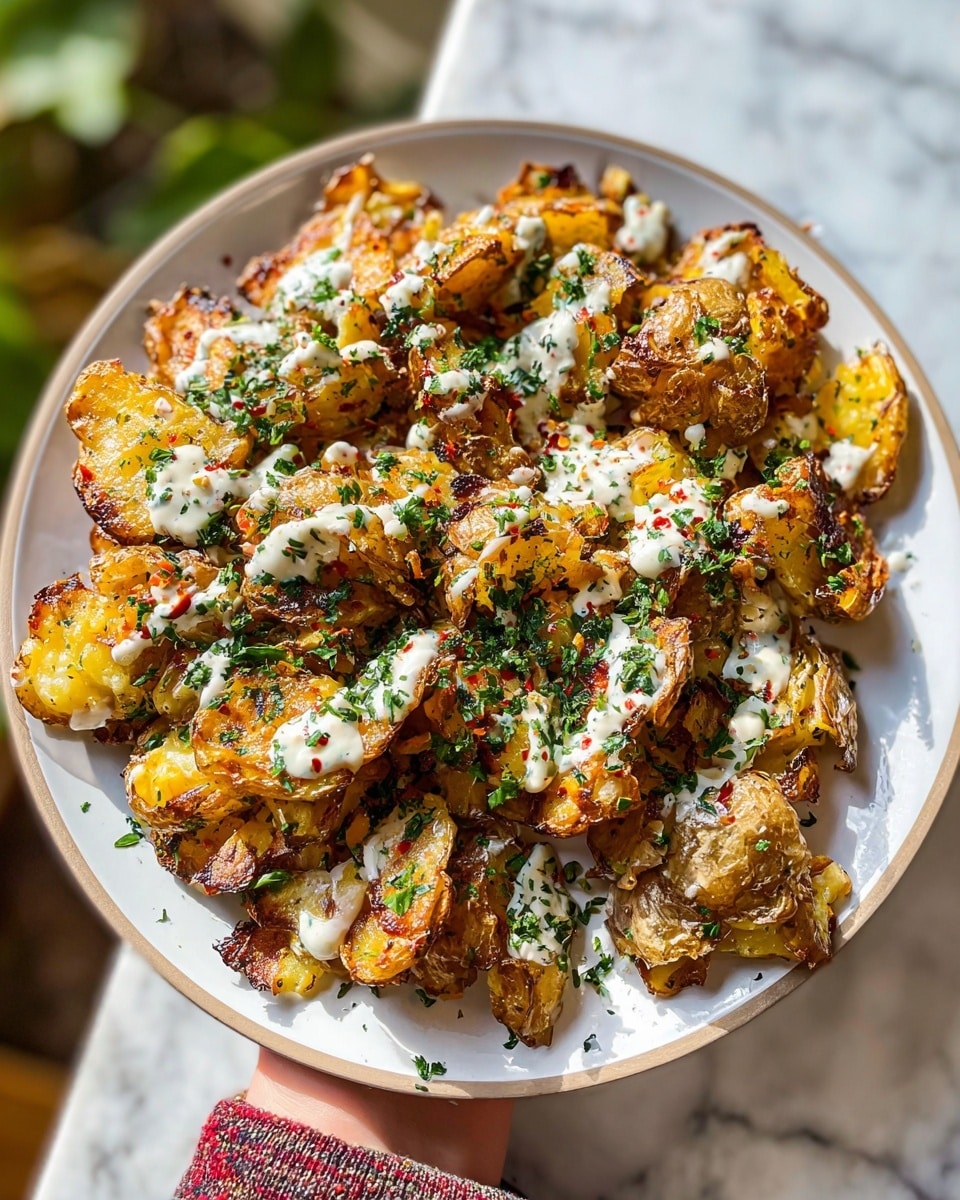 A white plate piled high with smashed golden brown roasted potatoes that show crispy edges and soft, fluffy interiors. Drizzled over the potatoes is a creamy white sauce with specks of red chili flakes and fresh green chopped herbs scattered generously on top. The potatoes have a rustic, uneven texture with some bits more browned than others, giving a crunchy look. A woman's hand is holding the plate against a blurry white marbled background. photo taken with an iphone --ar 4:5 --v 7
